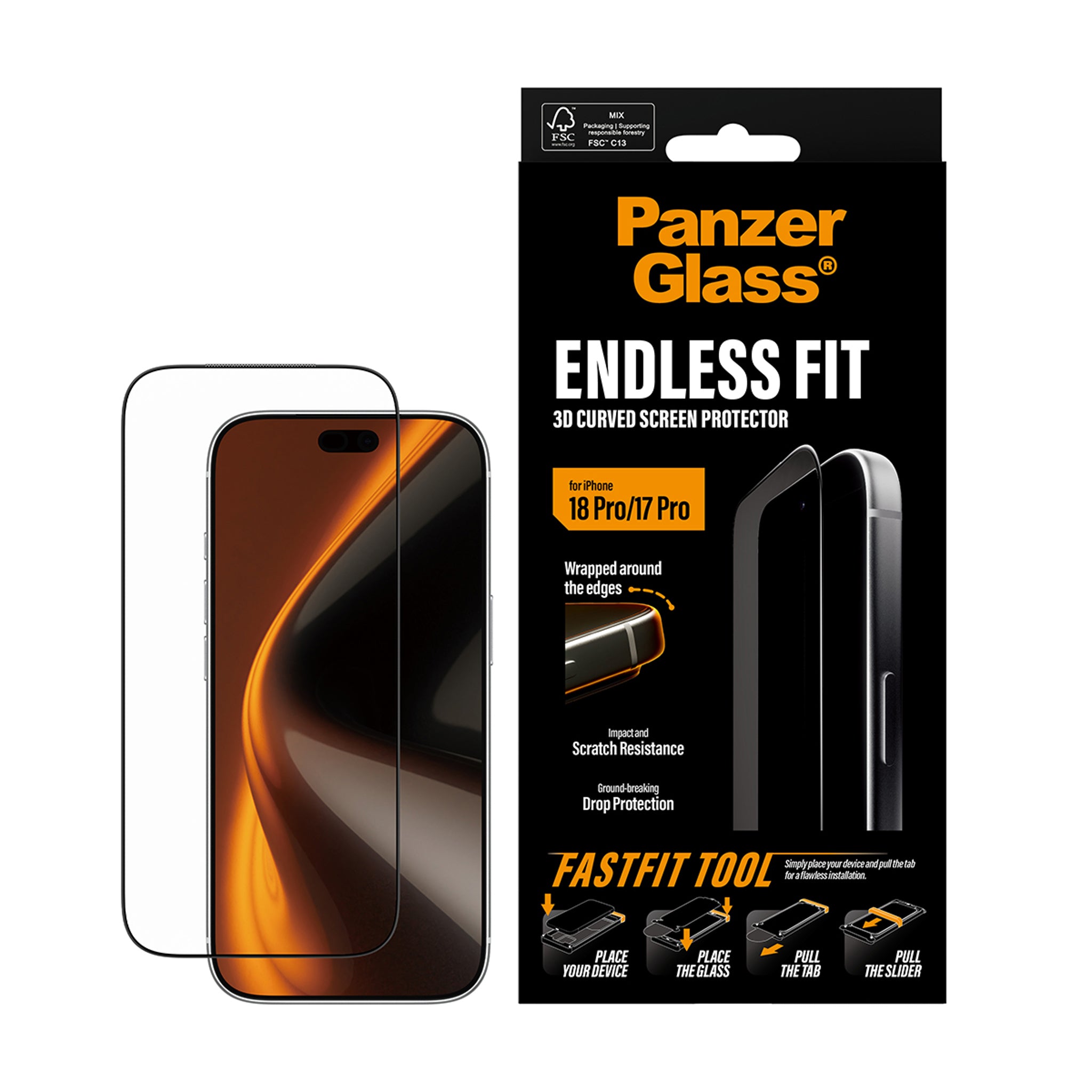 PanzerGlass® Endless Fit 3D Curve Screen Protector iPhone 18 Pro | 17 Pro w. FastFit Tool