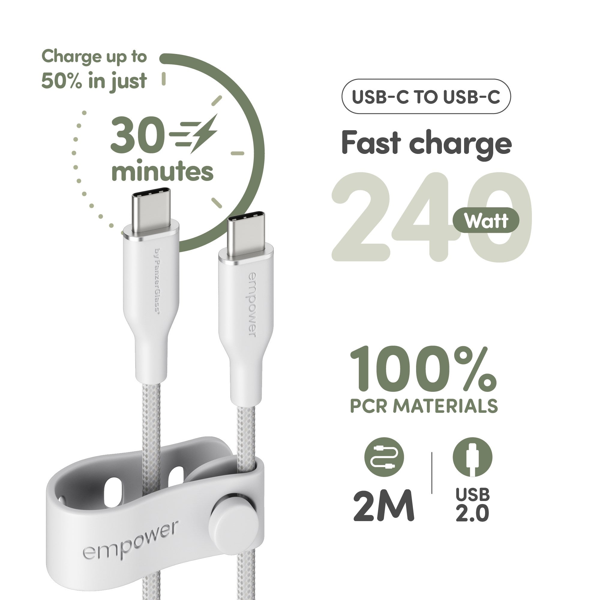 empower™ by PanzerGlass® Racing 240W USB-C to USB-C Cable | USB 2.0 | 2M | Silver White