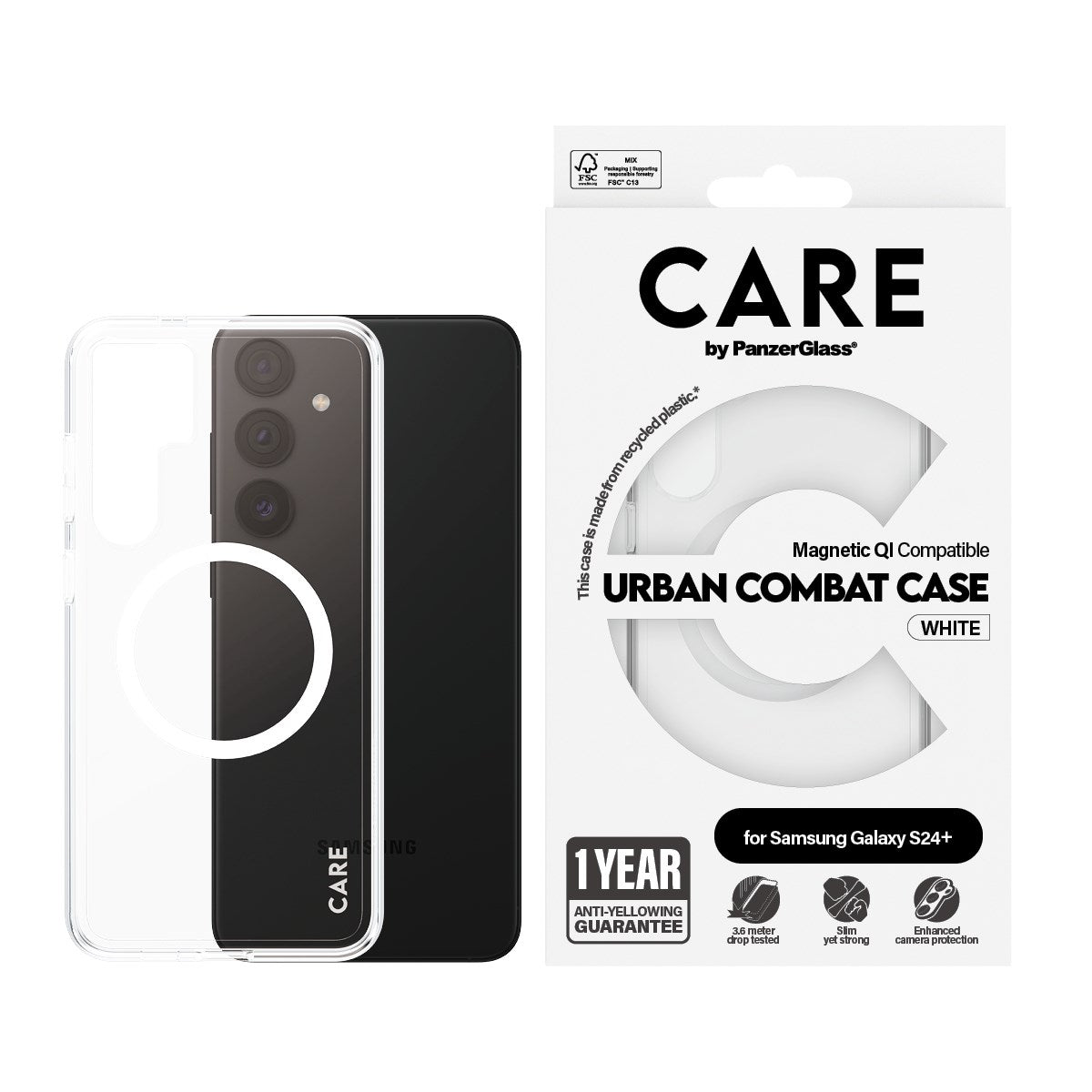 CARE by PanzerGlass® Urban Combat Case Transparent w. White Qi Compatible Samsung Galaxy S24+