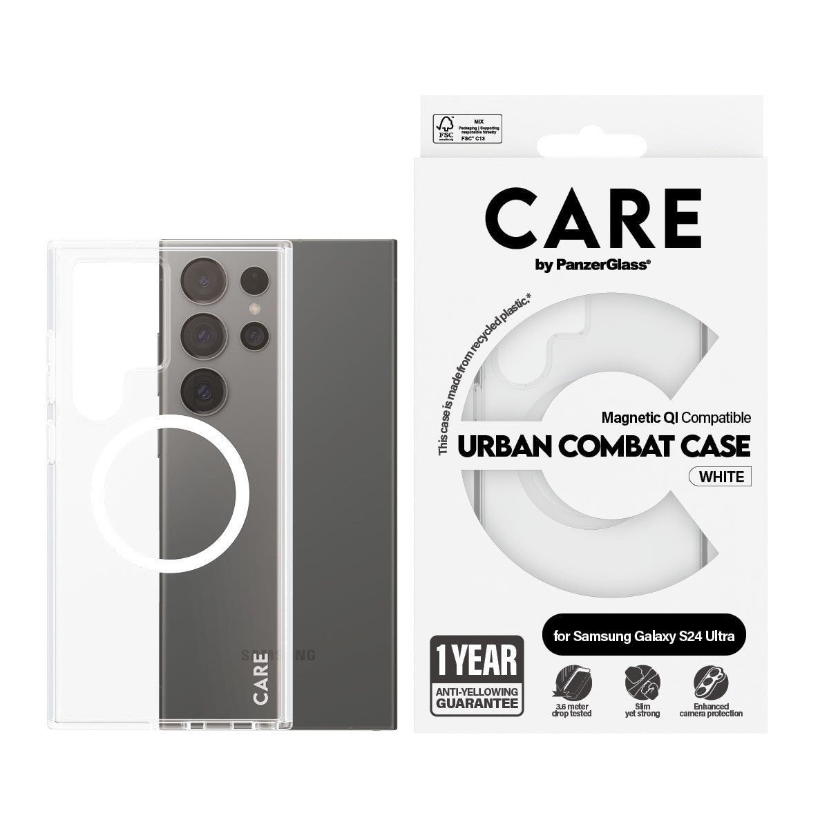 CARE by PanzerGlass® Urban Combat Case Transparent w. White Qi Compatible Samsung Galaxy S24 Ultra