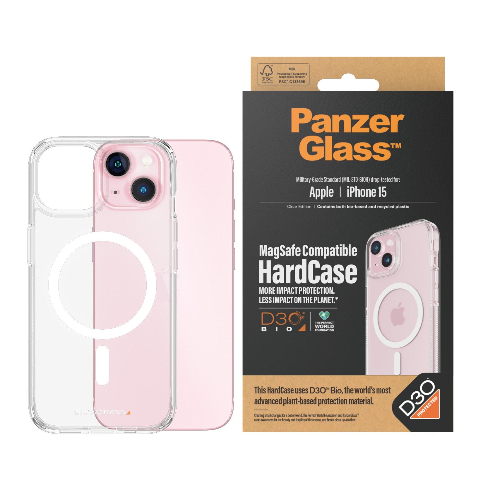 PanzerGlass® HardCase Transparent w. White MagSafe & D3O® iPhone 15