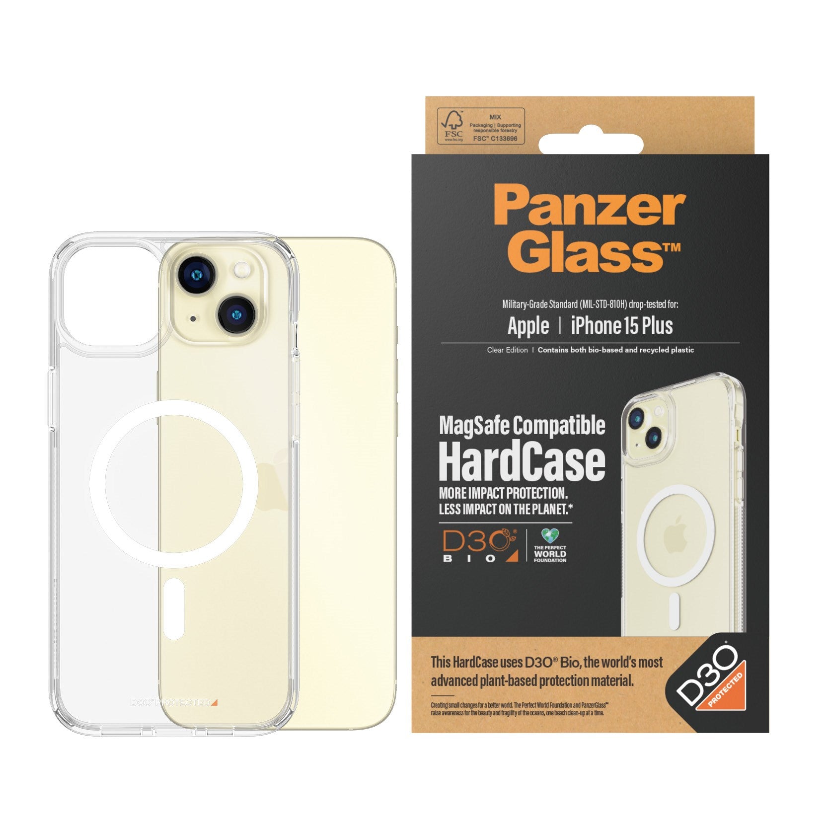 PanzerGlass® HardCase Transparent w. White MagSafe & D3O® iPhone 15 Plus