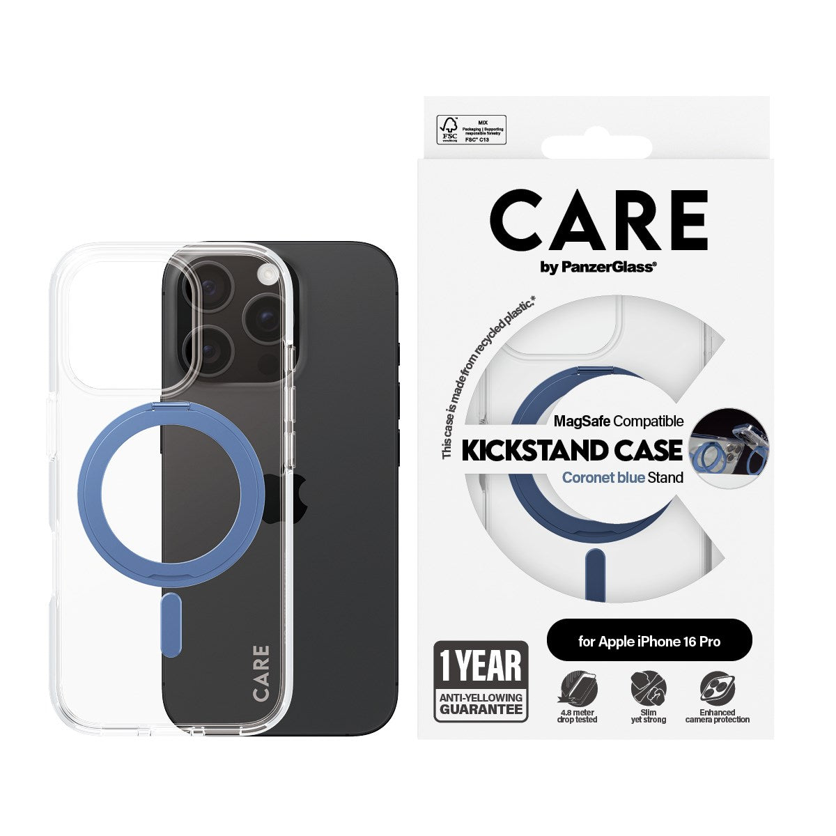 CARE by PanzerGlass® Case Transparent w. Blue Kickstand & MagSafe iPhone 16 Pro