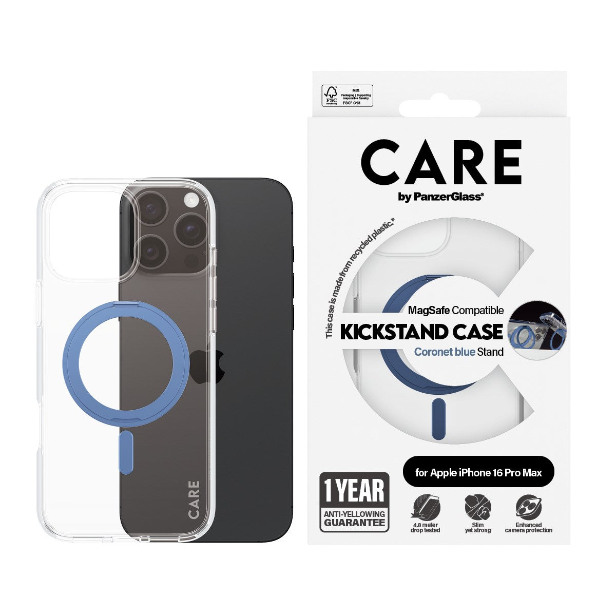 CARE by PanzerGlass® Case Transparent w. Blue Kickstand & MagSafe iPhone 16 Pro Max