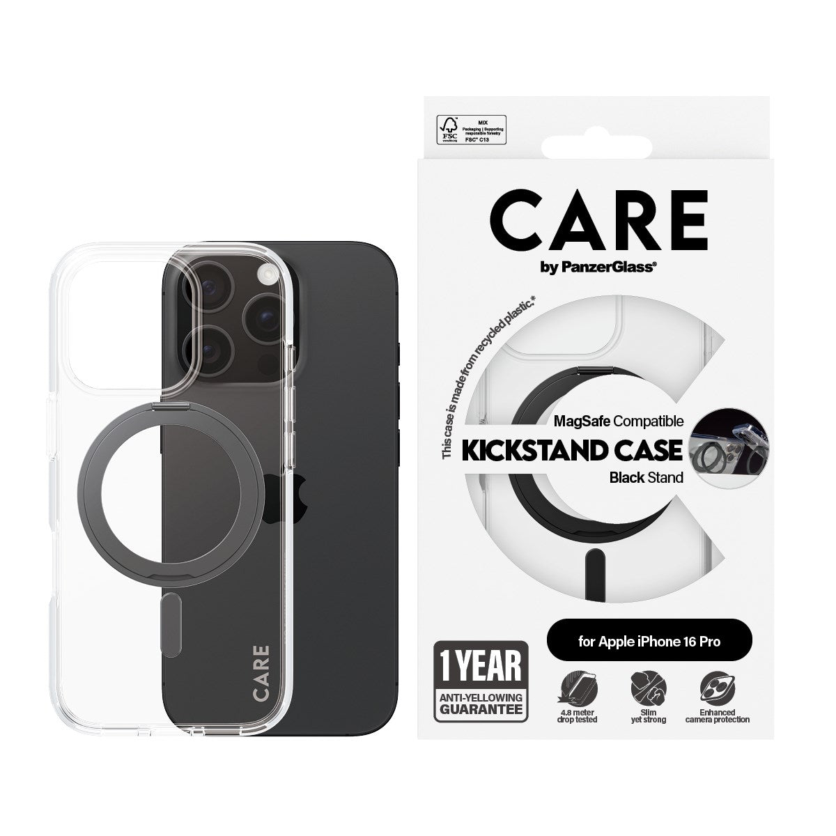 CARE by PanzerGlass® Case Transparent w. Black Kickstand & MagSafe iPhone 16 Pro