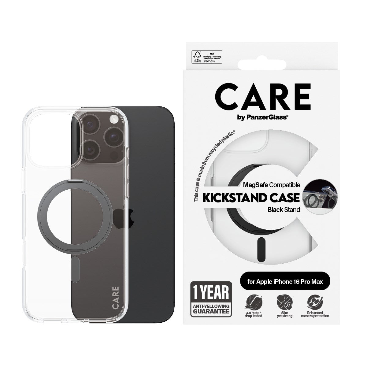 CARE by PanzerGlass® Case Transparent w. Black Kickstand & MagSafe iPhone 16 Pro Max