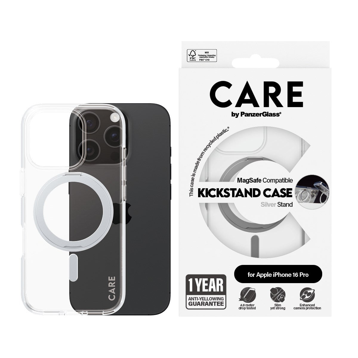 CARE by PanzerGlass® Case Transparent w. Silver Kickstand & MagSafe iPhone 16 Pro