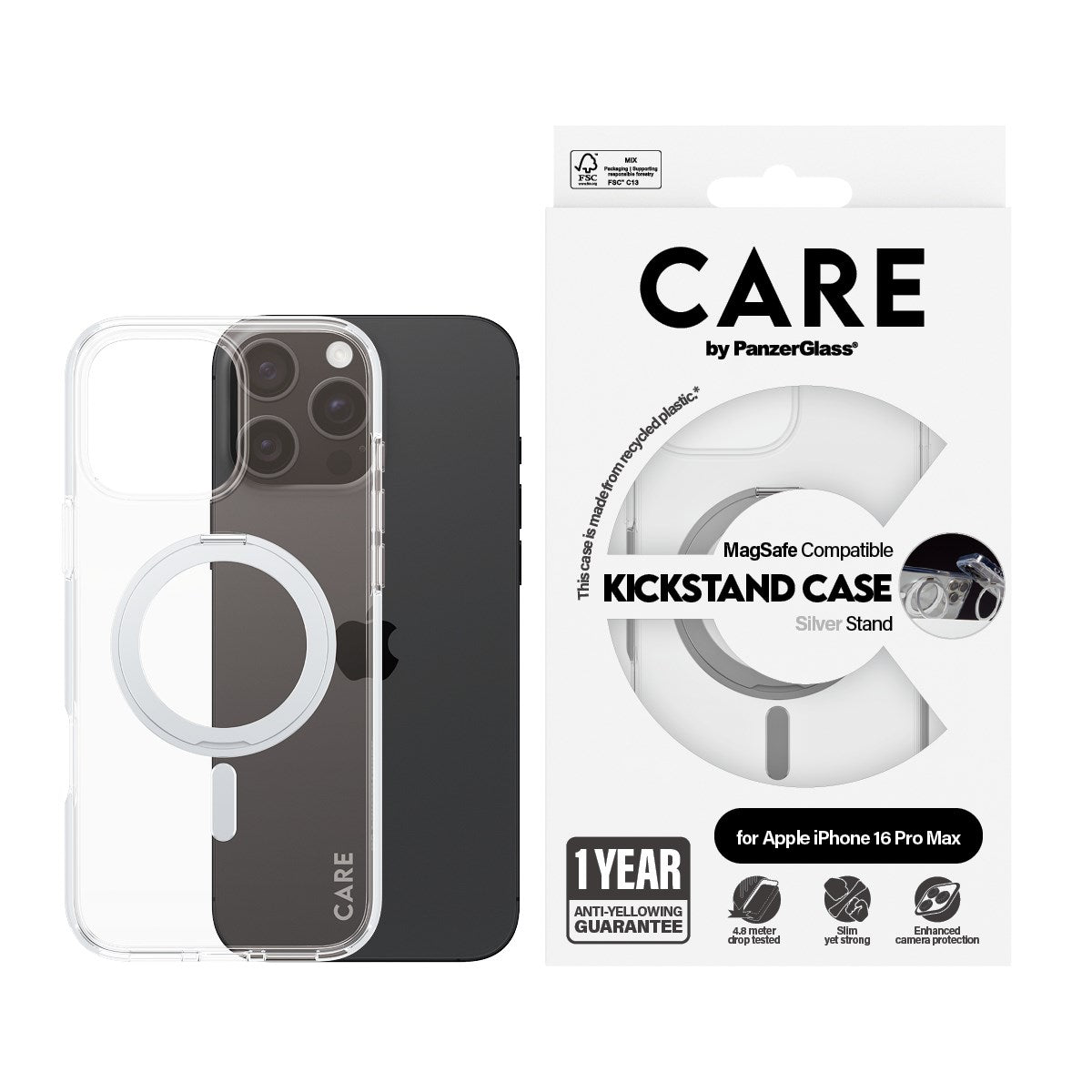 CARE by PanzerGlass® Case Transparent w. Silver Kickstand & MagSafe iPhone 16 Pro Max