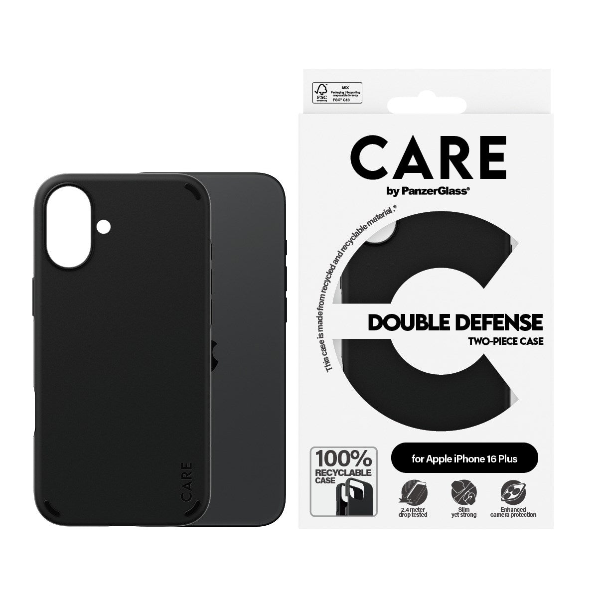 CARE by PanzerGlass® Double Defense Case Black iPhone 16 Plus