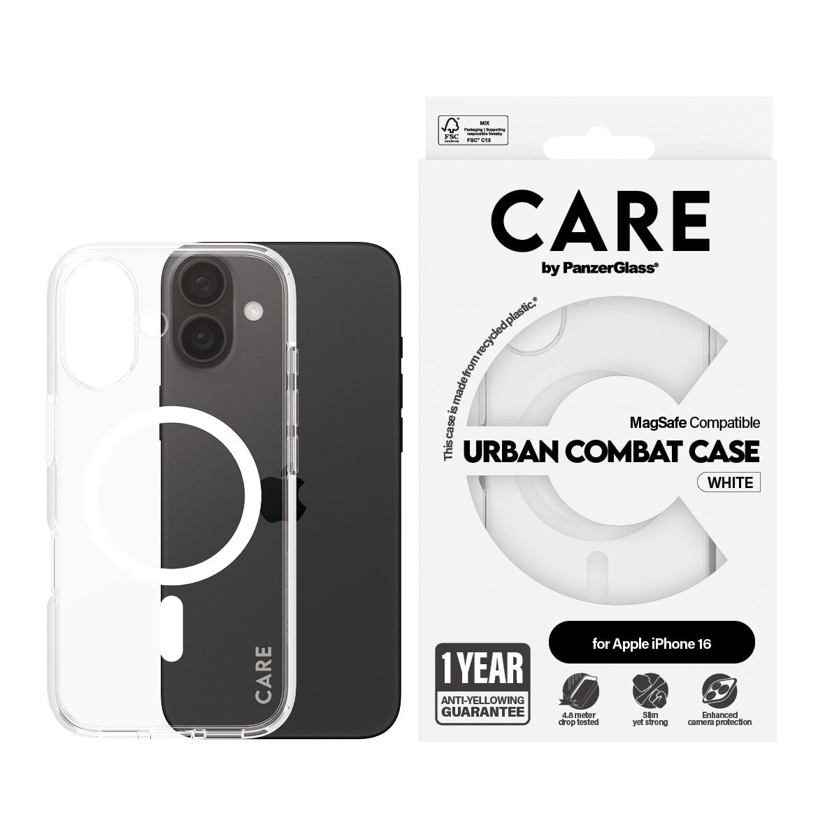 CARE by PanzerGlass® Urban Combat Case Transparent w. White MagSafe iPhone 16