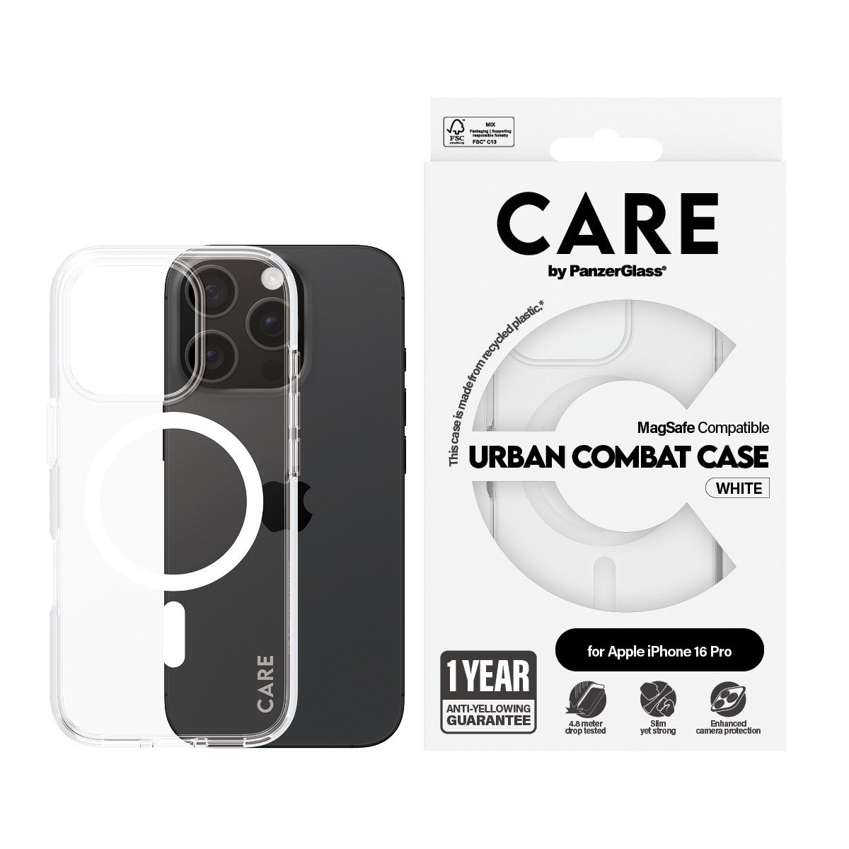 CARE by PanzerGlass® Urban Combat Case Transparent w. White MagSafe iPhone 16 Pro