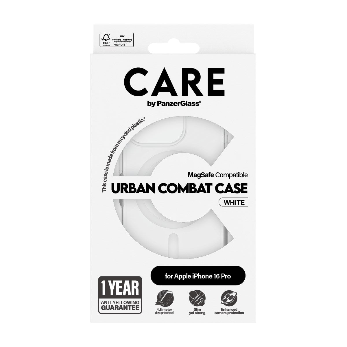 CARE by PanzerGlass® Urban Combat Case Transparent w. White MagSafe iPhone 16 Pro