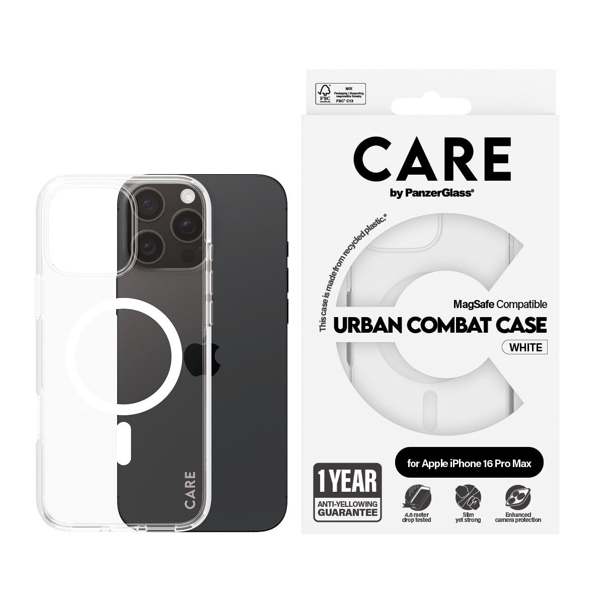 CARE by PanzerGlass® Urban Combat Case Transparent w. White MagSafe iPhone 16 Pro Max