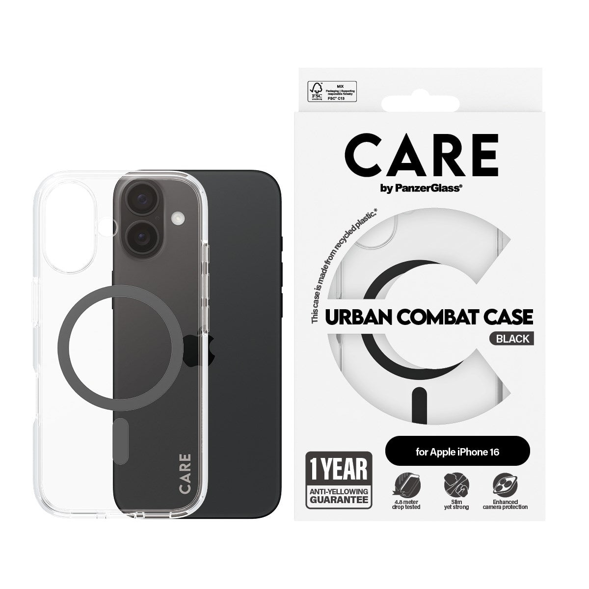 CARE by PanzerGlass® Urban Combat Case Transparent w. Black MagSafe iPhone 16