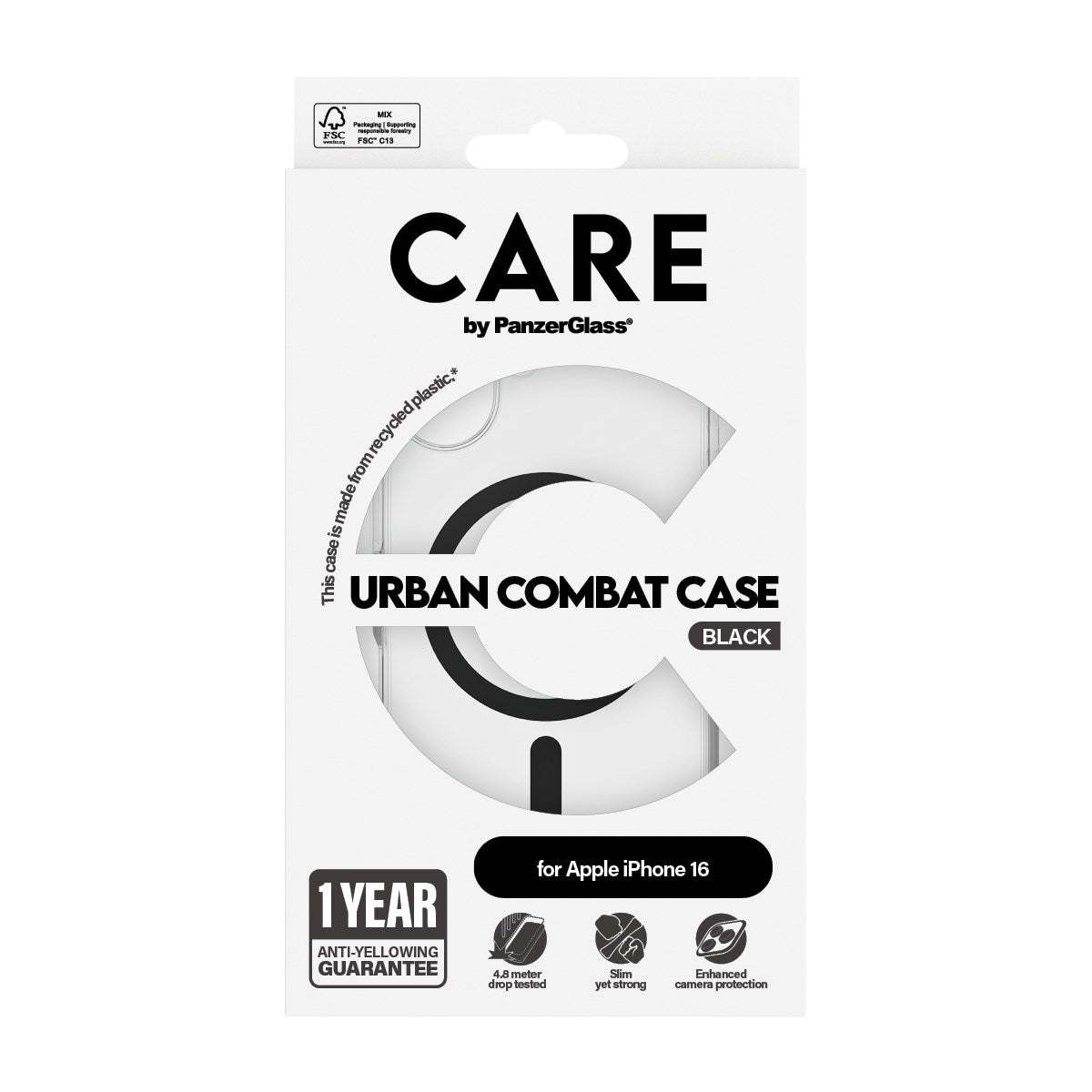 CARE by PanzerGlass® Urban Combat Case Transparent w. Black MagSafe iPhone 16