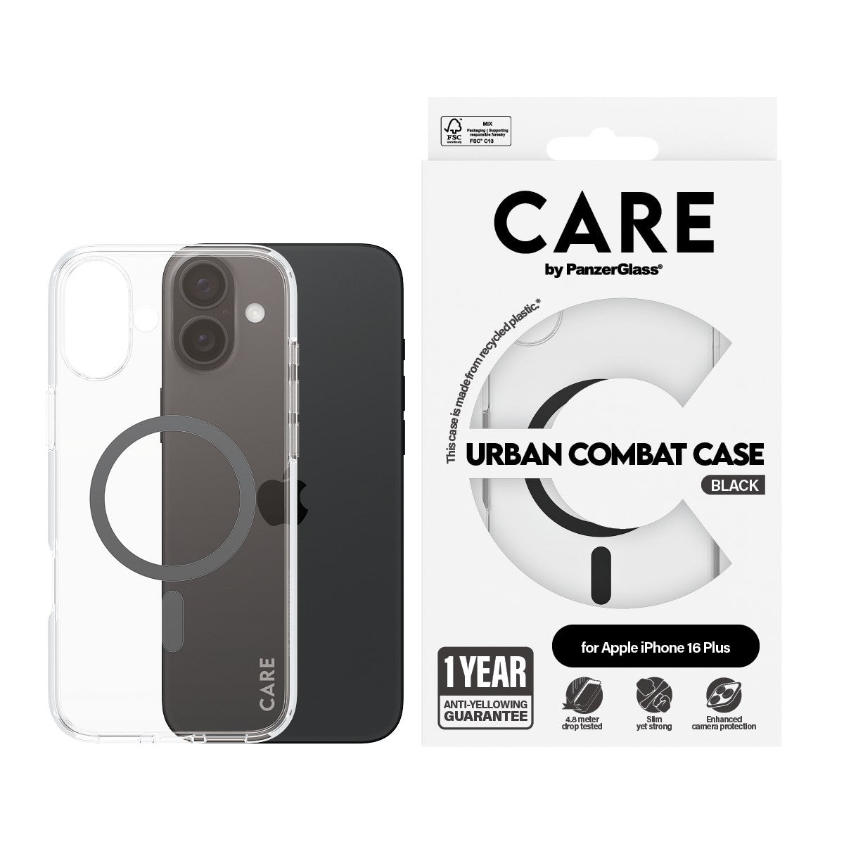 CARE by PanzerGlass® Urban Combat Case Transparent w. Black MagSafe iPhone 16 Plus