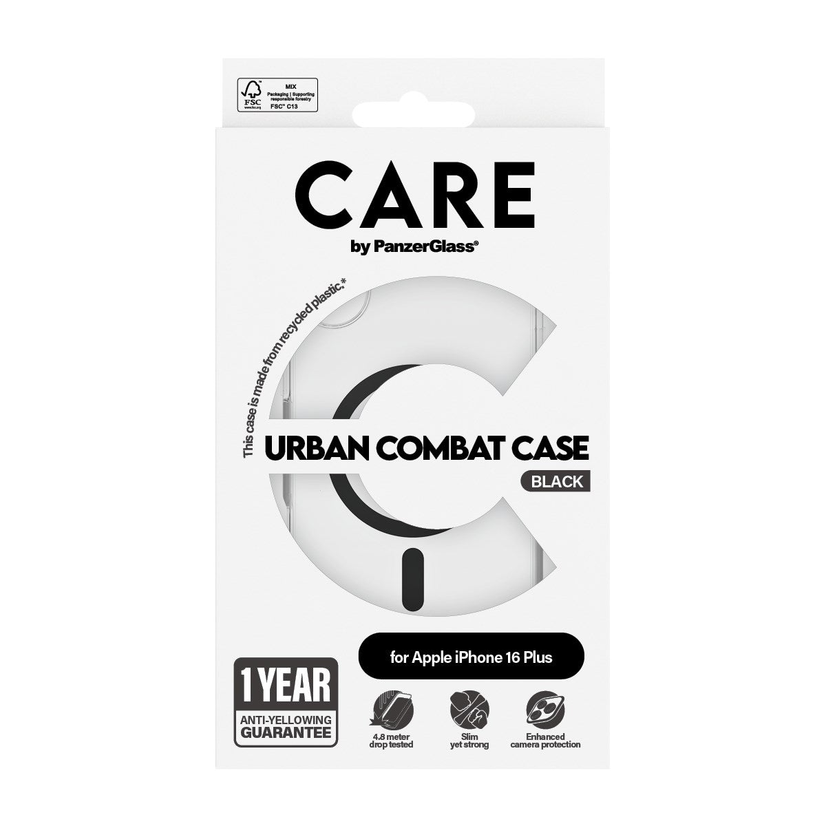 CARE by PanzerGlass® Urban Combat Case Transparent w. Black MagSafe iPhone 16 Plus