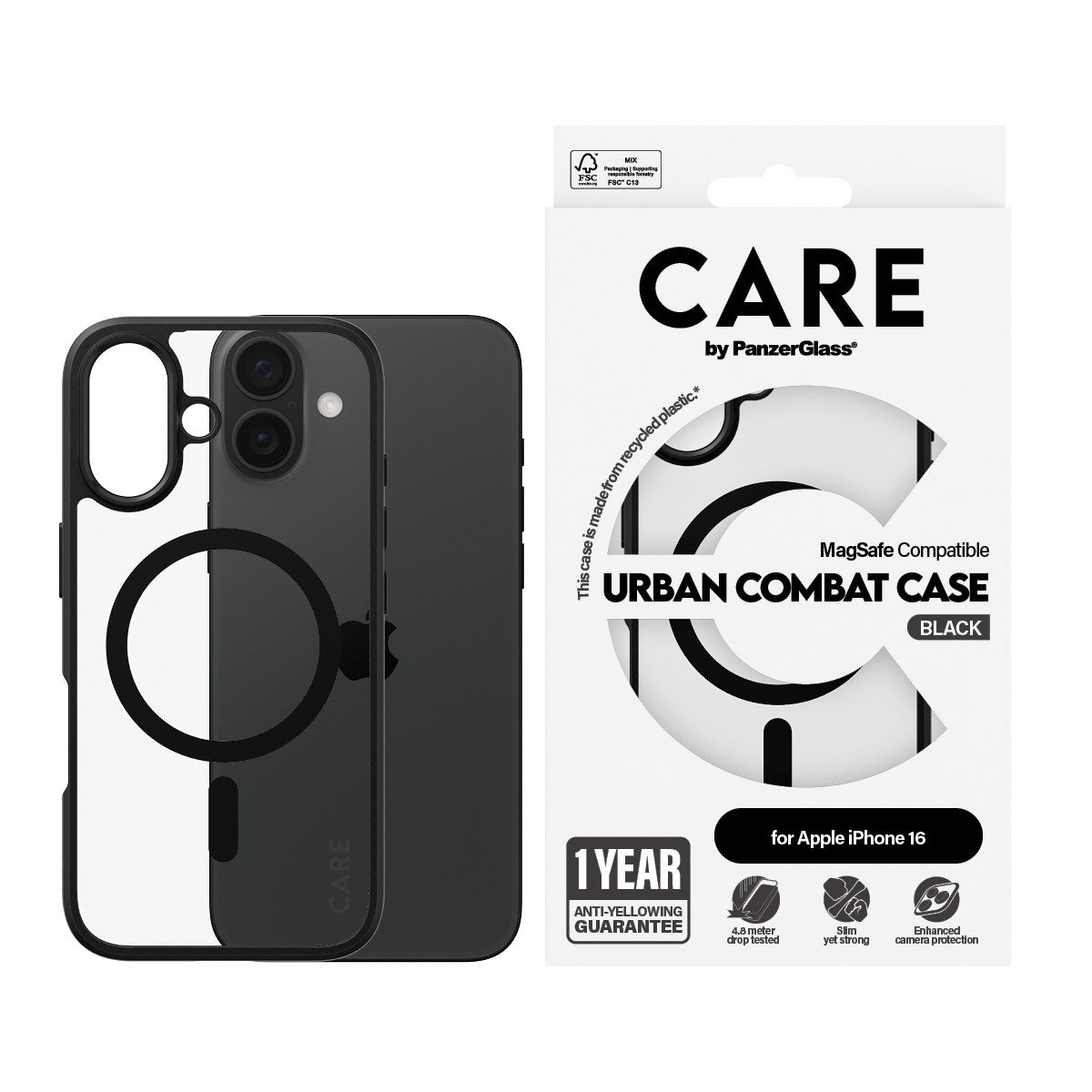 CARE by PanzerGlass® Urban Combat Case Transparent w. Black Frame & MagSafe iPhone 16