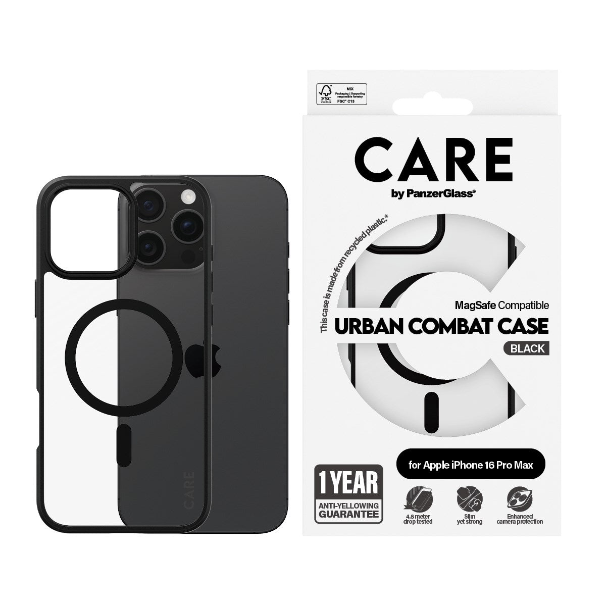 CARE by PanzerGlass® Urban Combat Case Transparent w. Black Frame & MagSafe iPhone 16 Pro Max
