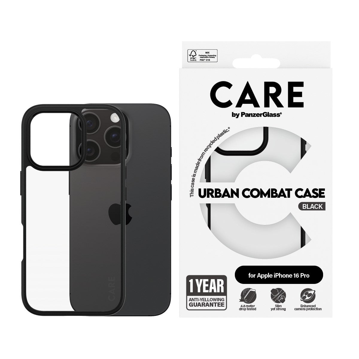 CARE by PanzerGlass® Urban Combat Case Transparent w. Black Frame iPhone 16 Pro