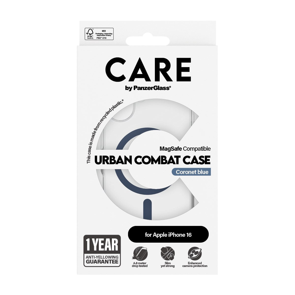 CARE by PanzerGlass® Urban Combat Case Transparent w. Blue MagSafe iPhone 16