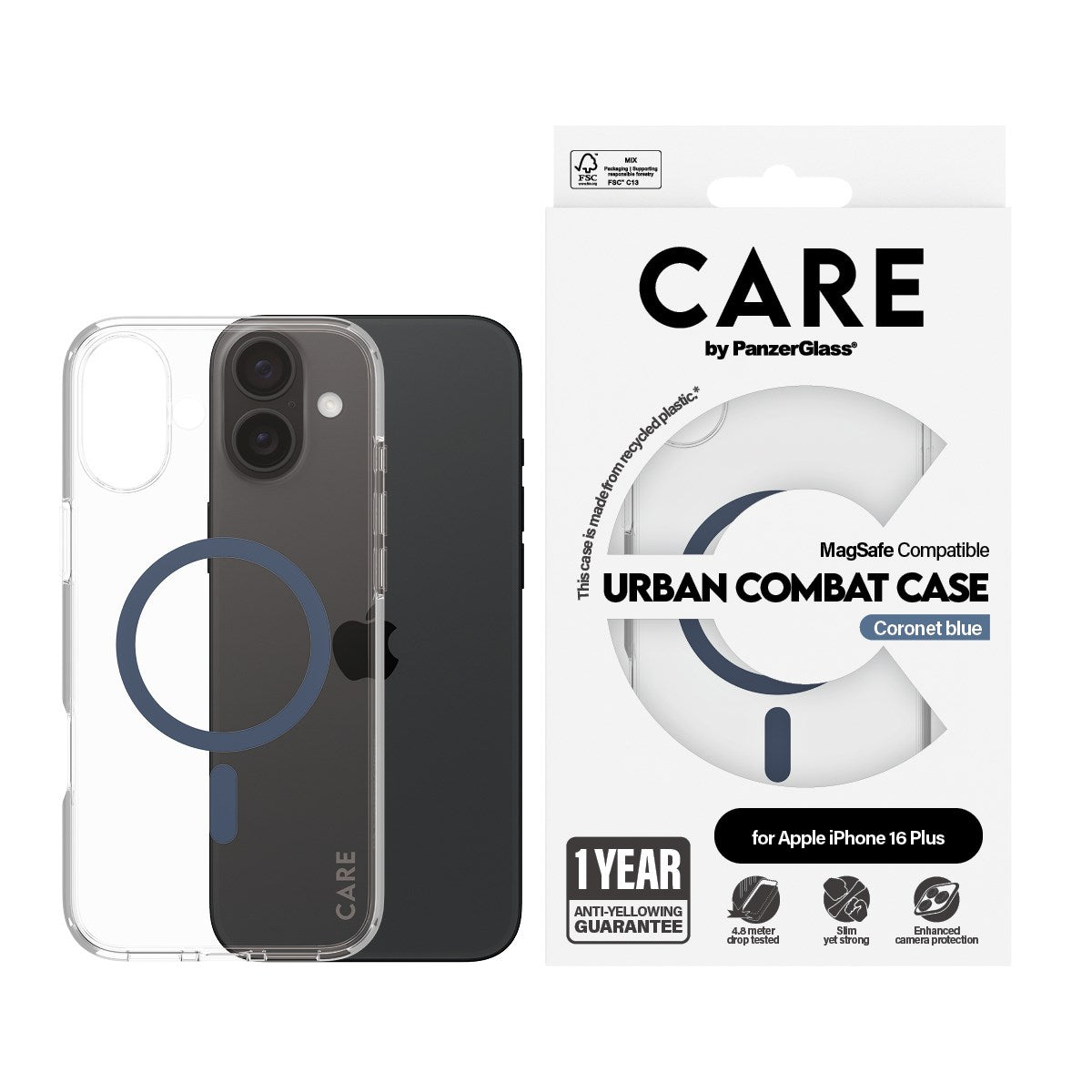 CARE by PanzerGlass® Urban Combat Case Transparent w. Blue MagSafe iPhone 16 Plus
