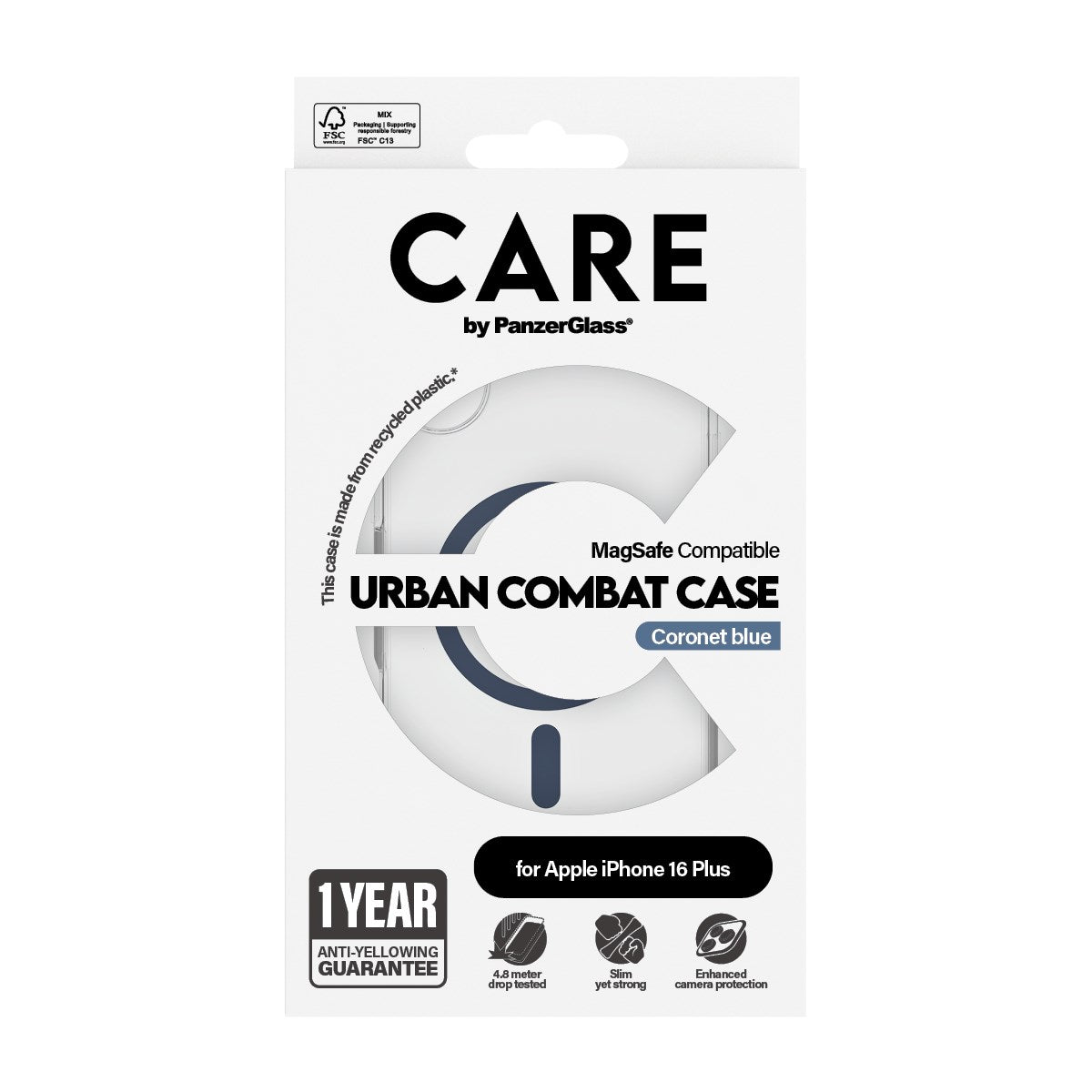 CARE by PanzerGlass® Urban Combat Case Transparent w. Blue MagSafe iPhone 16 Plus