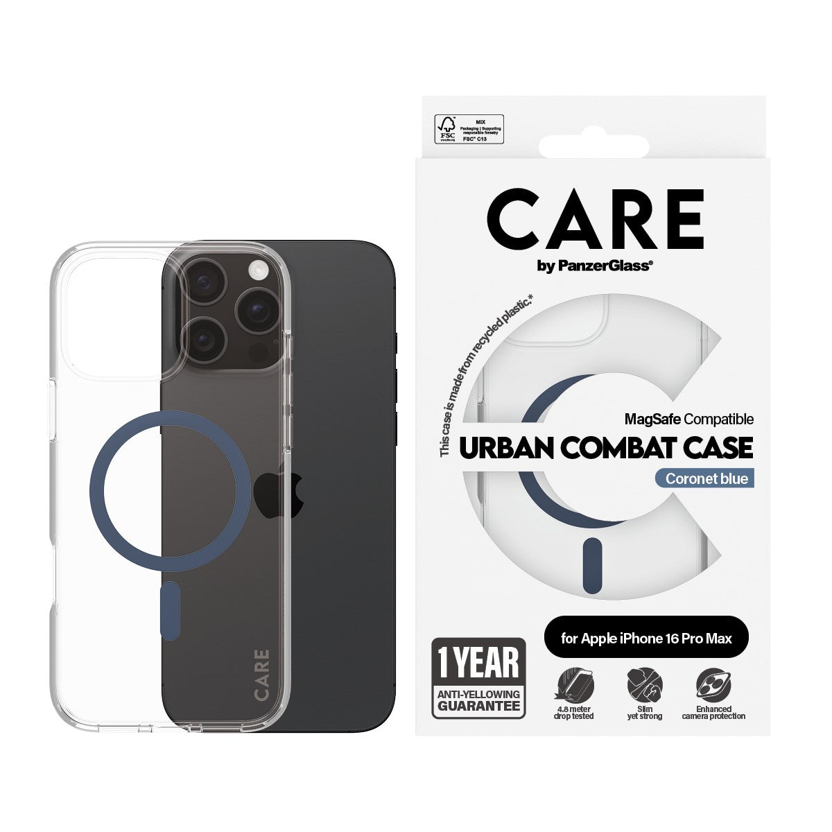 CARE by PanzerGlass® Urban Combat Case Transparent w. Blue MagSafe iPhone 16 Pro Max