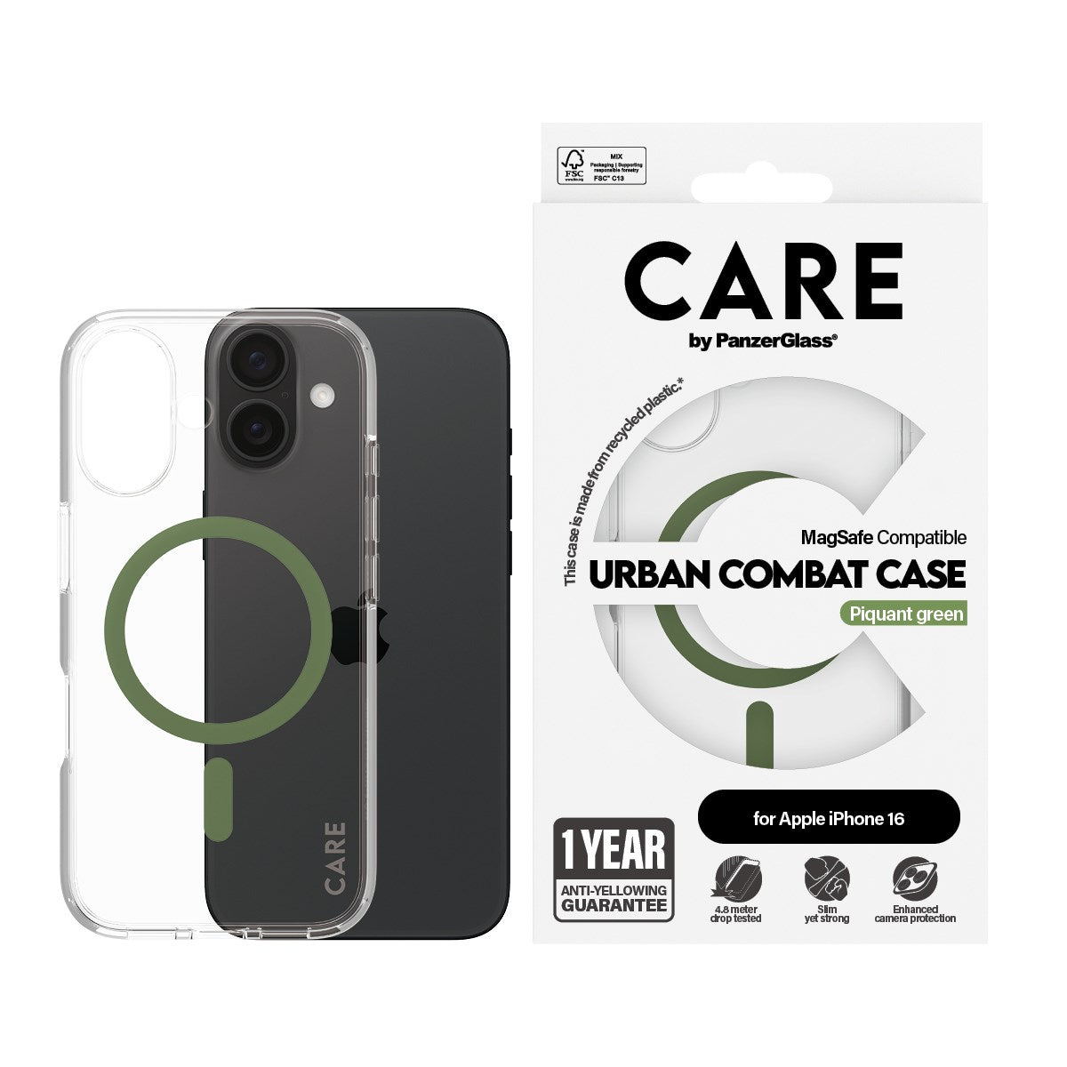 CARE by PanzerGlass® Urban Combat Case Transparent w. Green MagSafe iPhone 16