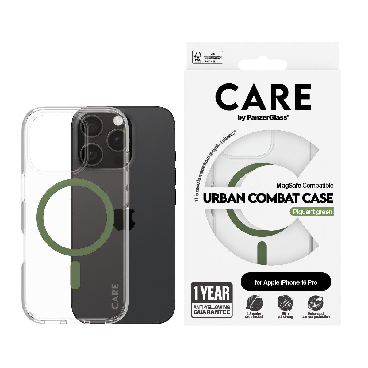 CARE by PanzerGlass® Urban Combat Case Transparent w. Green MagSafe iPhone 16 Pro