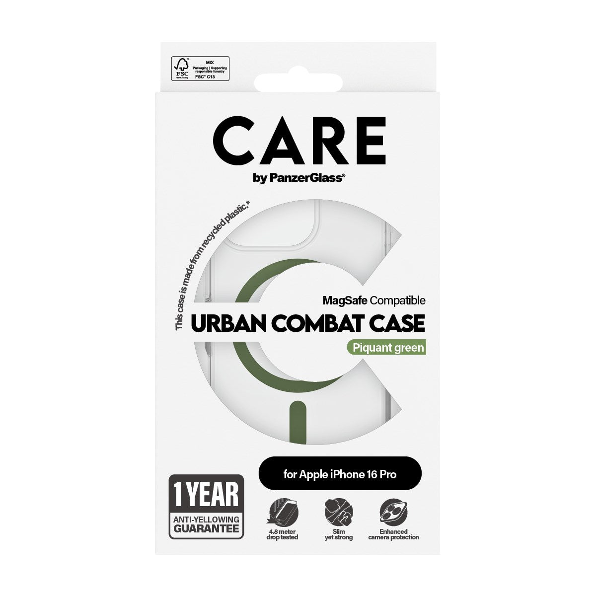 CARE by PanzerGlass® Urban Combat Case Transparent w. Green MagSafe iPhone 16 Pro