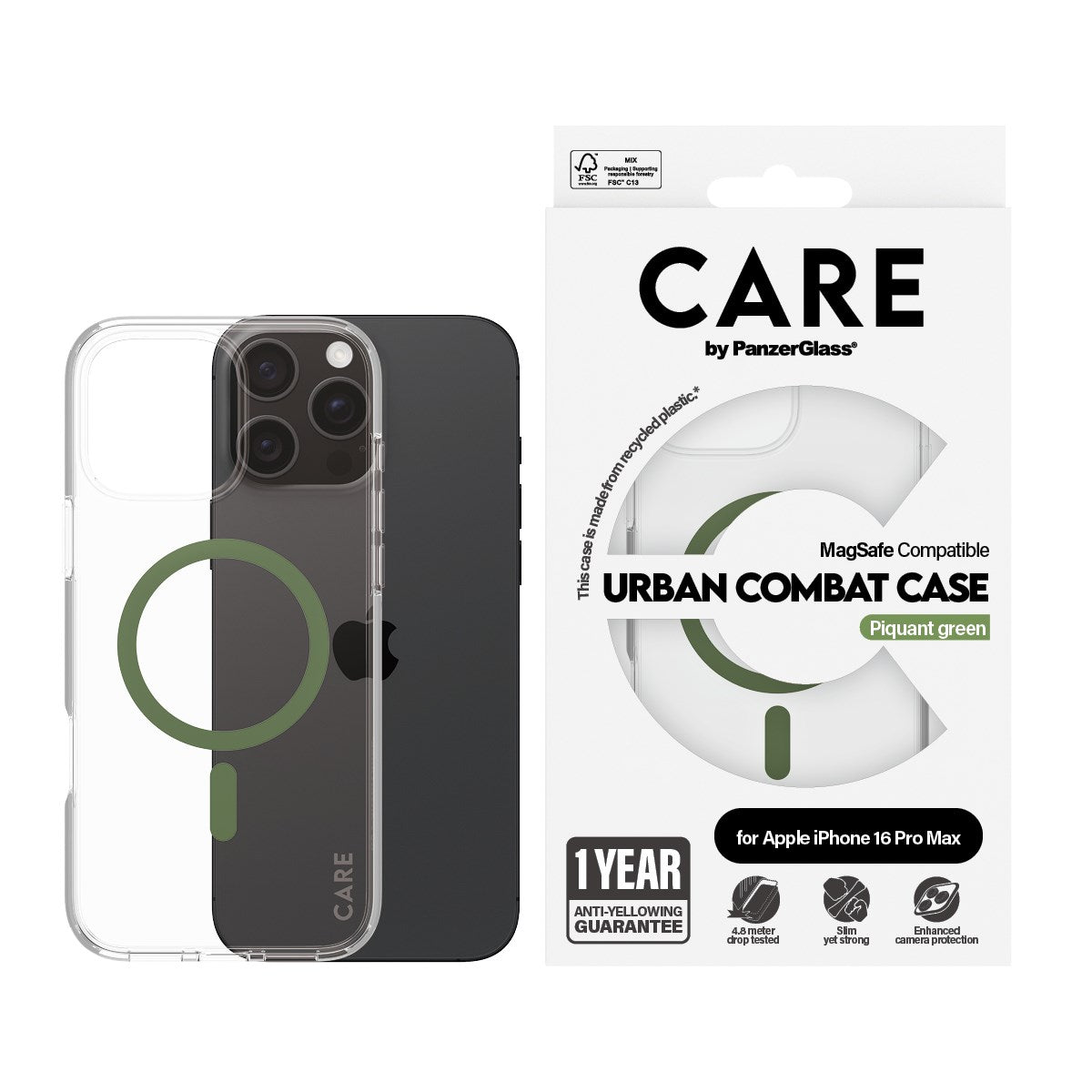 CARE by PanzerGlass® Urban Combat Case Transparent w. Green MagSafe iPhone 16 Pro Max
