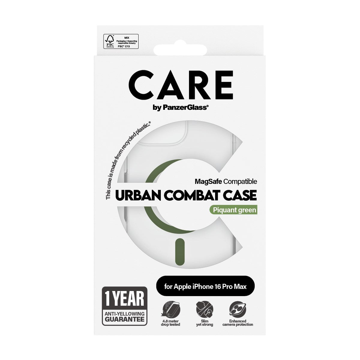 CARE by PanzerGlass® Urban Combat Case Transparent w. Green MagSafe iPhone 16 Pro Max
