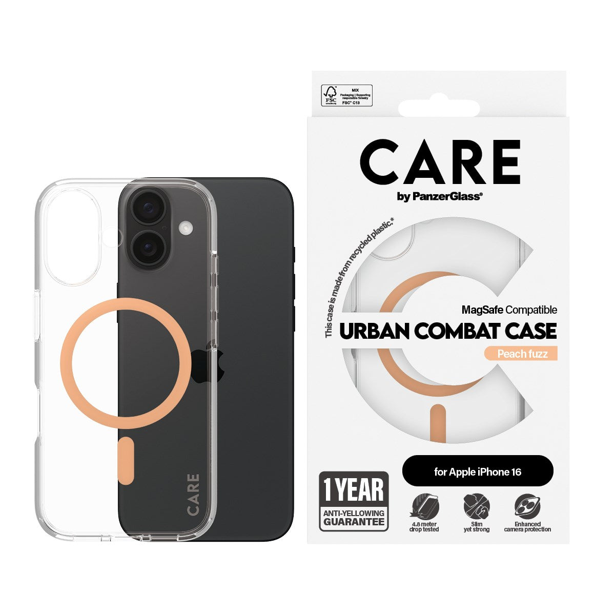 CARE by PanzerGlass® Urban Combat Case Transparent w. Peachy MagSafe iPhone 16