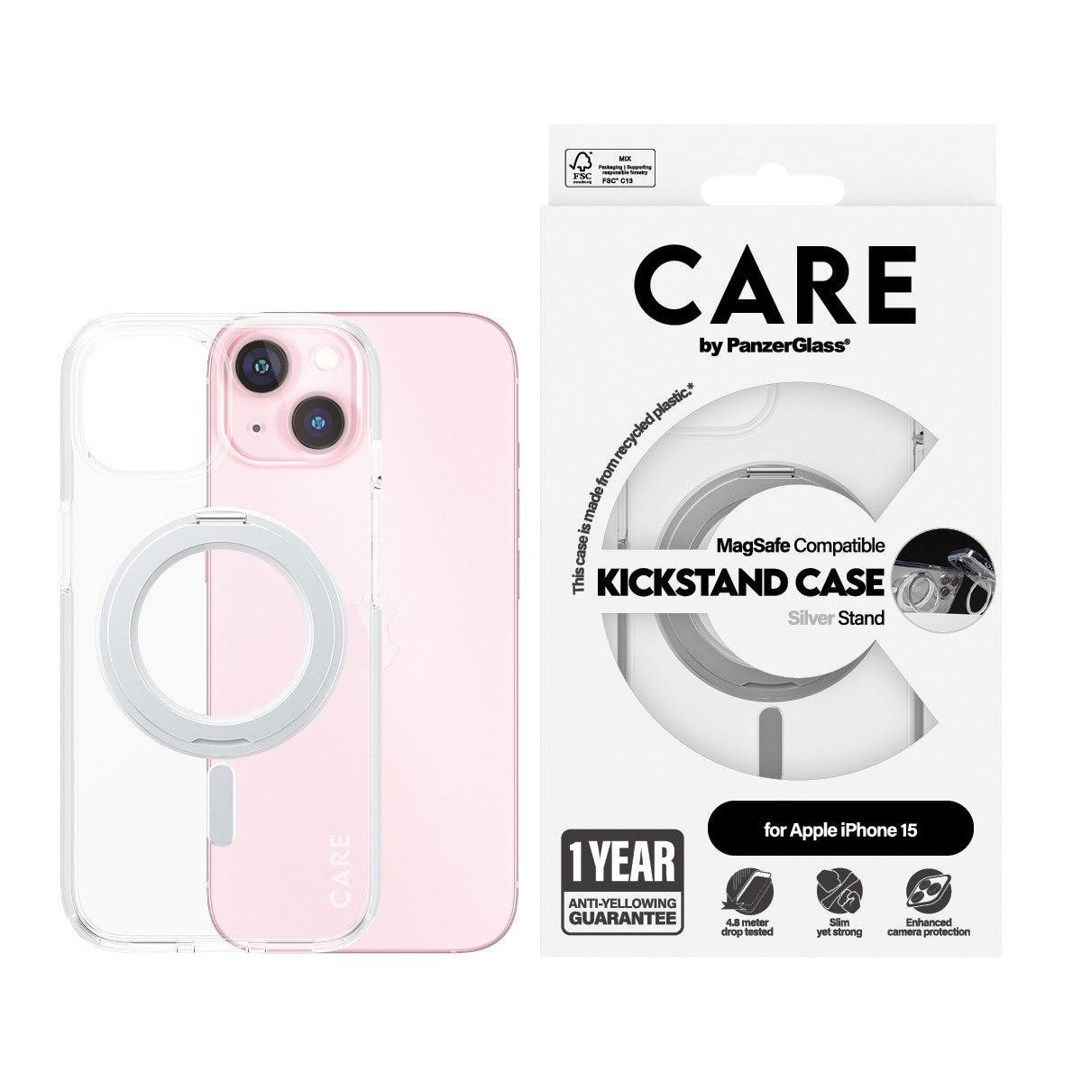 CARE by PanzerGlass® Case Transparent w. Silver Kickstand & MagSafe iPhone 15