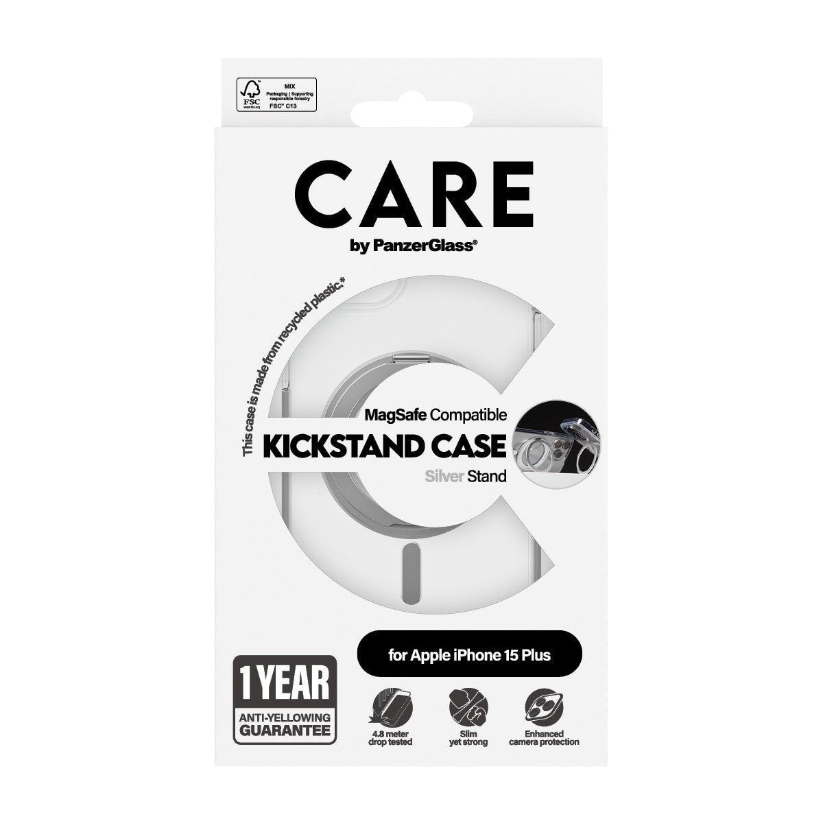CARE™ by PanzerGlass® Case Transparent w. Silver Kickstand & MagSafe iPhone 15 Plus