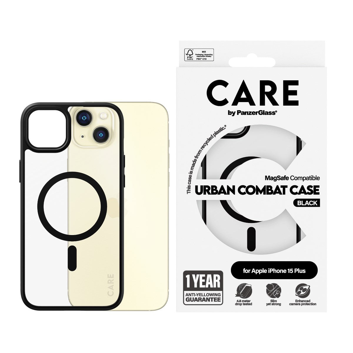CARE by PanzerGlass® Urban Combat Case Transparent w. Black MagSafe iPhone 15 Plus
