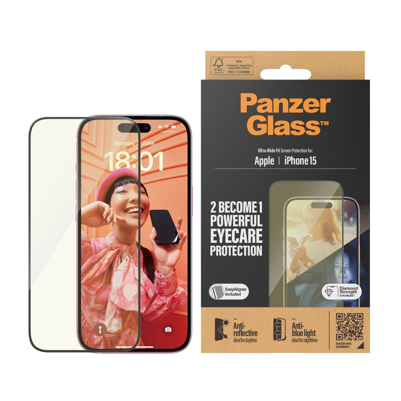 PanzerGlass® Eyecare Screen Protection iPhone 15 | Ultra-Wide Fit w. EasyAligner
