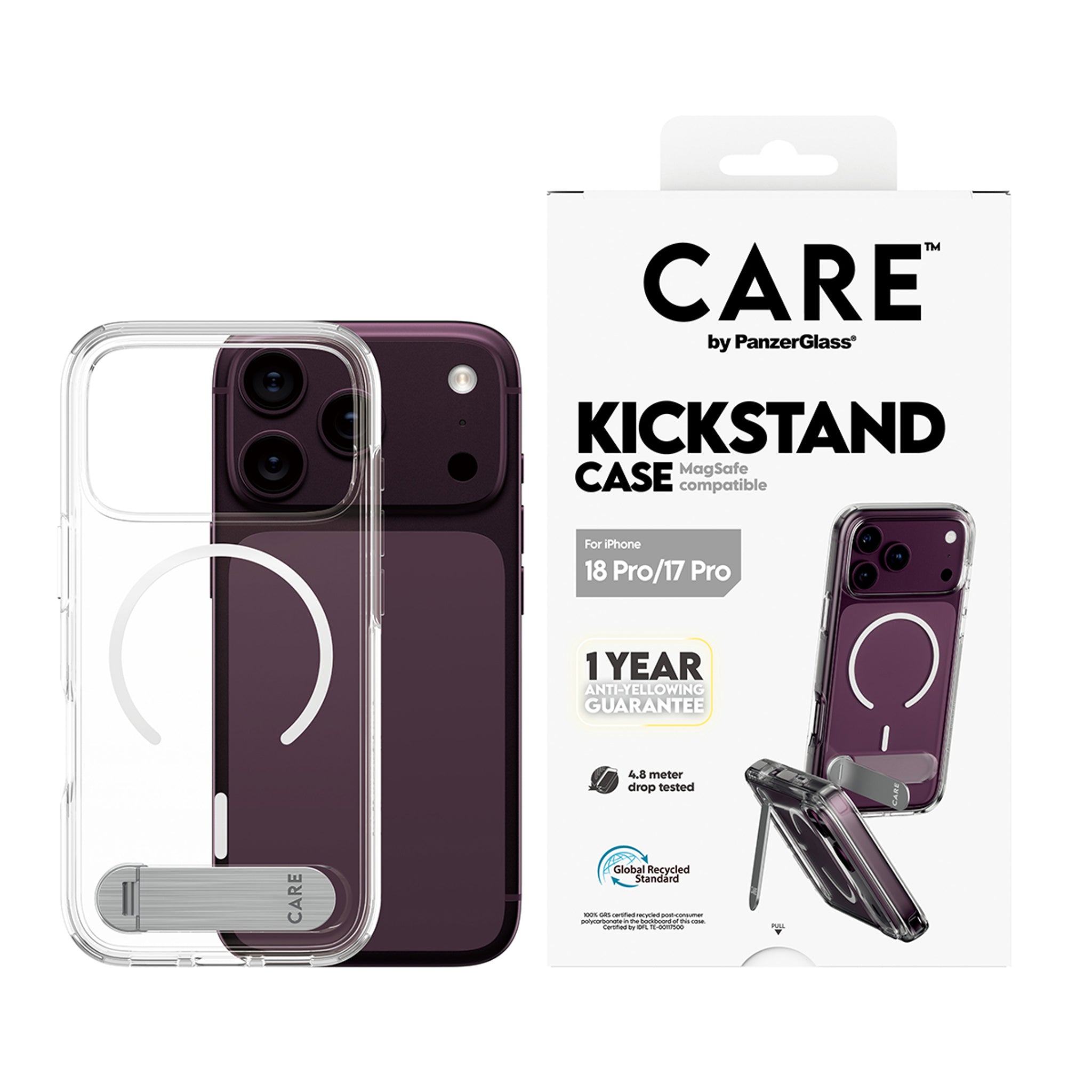 CARE™ by PanzerGlass® Kickstand Case Transparent w. White MagSafe iPhone 18 Pro | 17 Pro