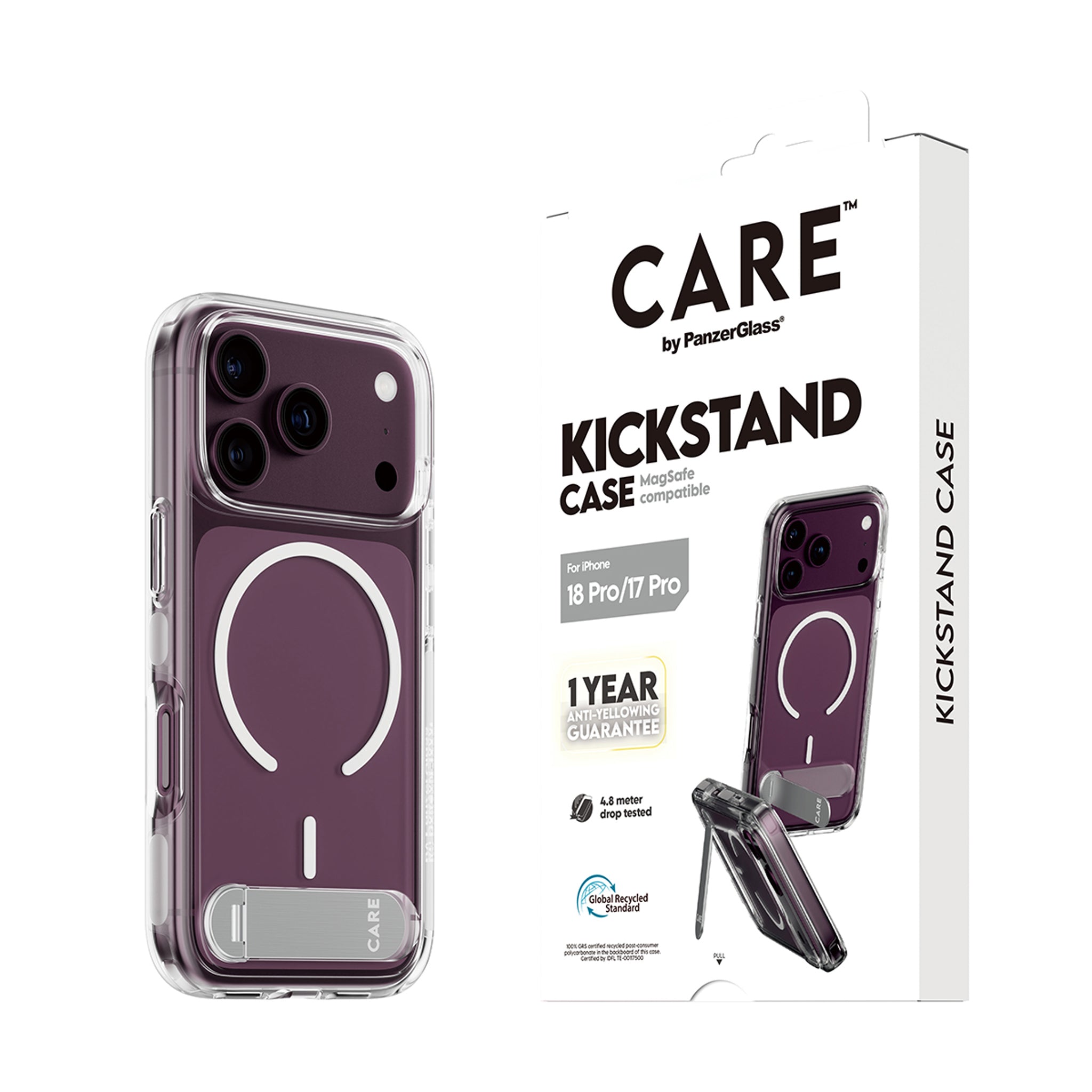 CARE™ by PanzerGlass® Kickstand Case Transparent w. White MagSafe iPhone 18 Pro | 17 Pro