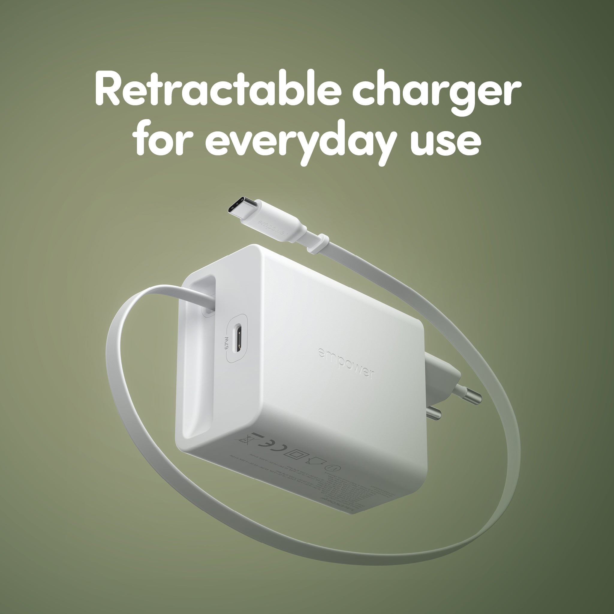 empower™ by PanzerGlass® Turbo 67W Retractable Cable Guy Charger incl. USB-C Cable | EU Plug | Silver White