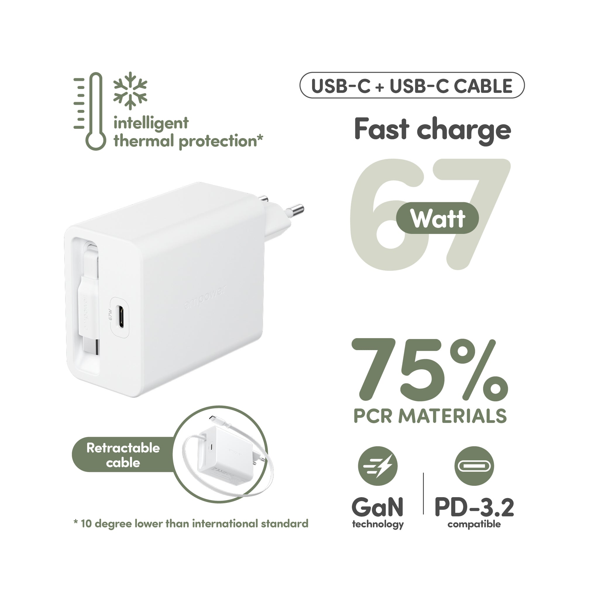empower™ by PanzerGlass® Turbo 67W Retractable Cable Guy Charger incl. USB-C Cable | EU Plug | Silver White