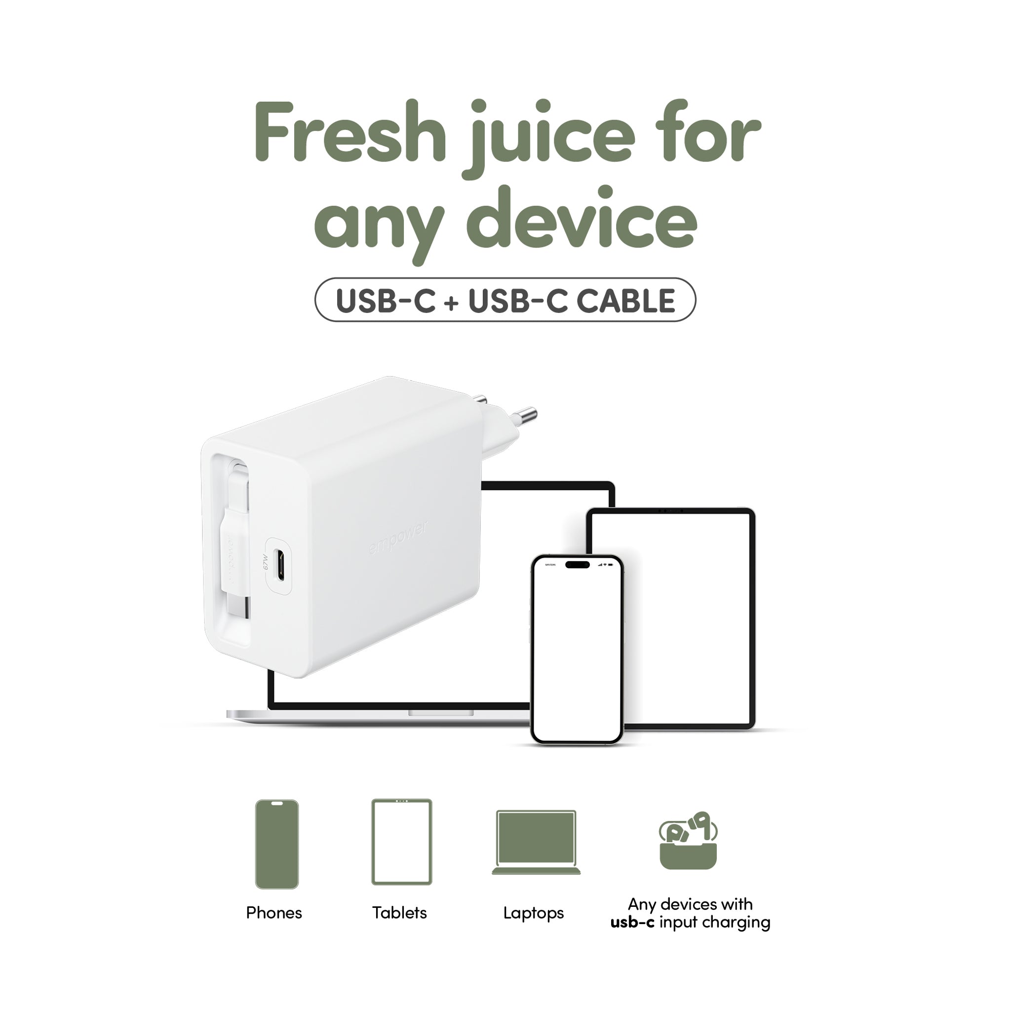 empower™ by PanzerGlass® Turbo 67W Retractable Cable Guy Charger incl. USB-C Cable | EU Plug | Silver White