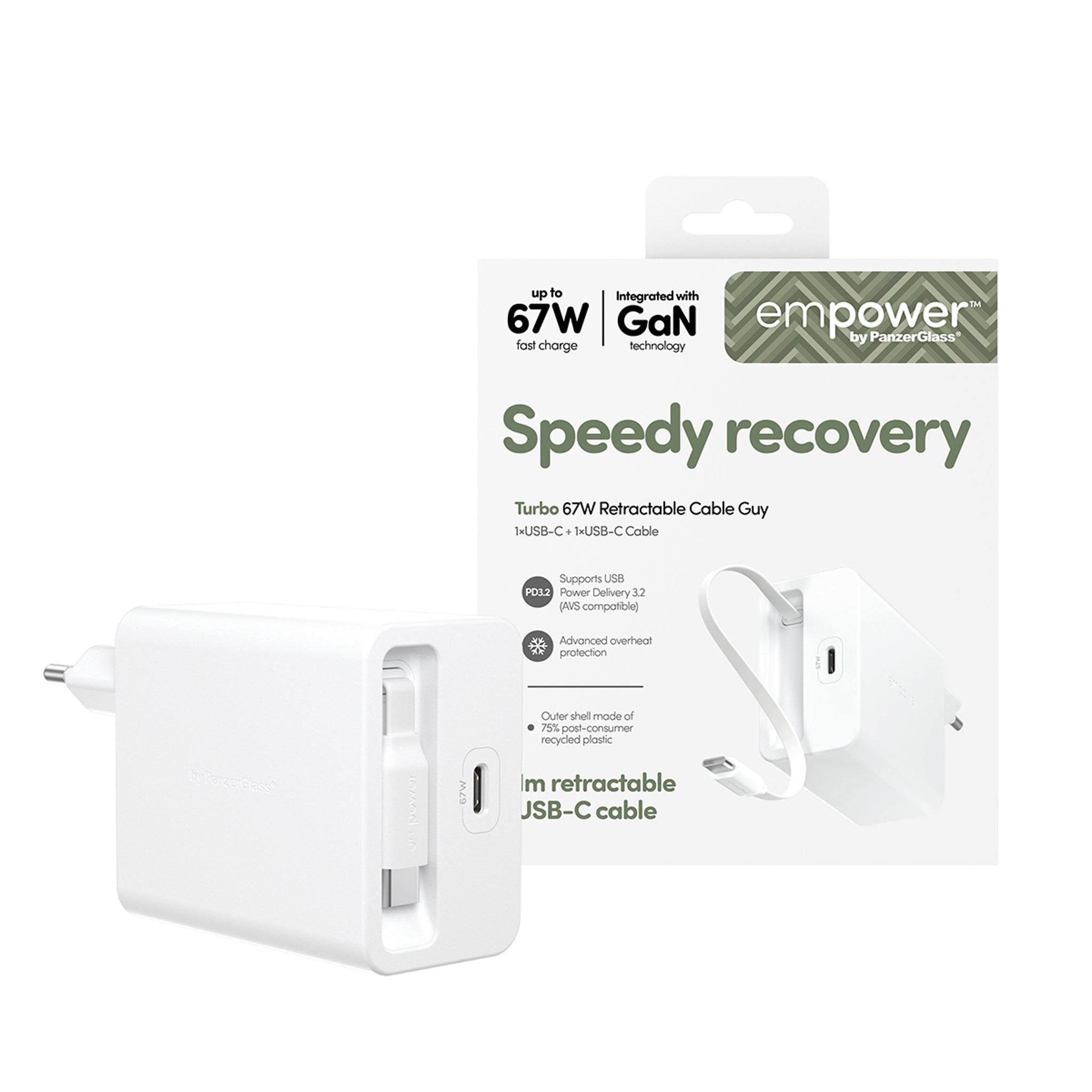 empower™ by PanzerGlass® Turbo 67W Retractable Cable Guy Charger incl. USB-C Cable | EU Plug | Silver White