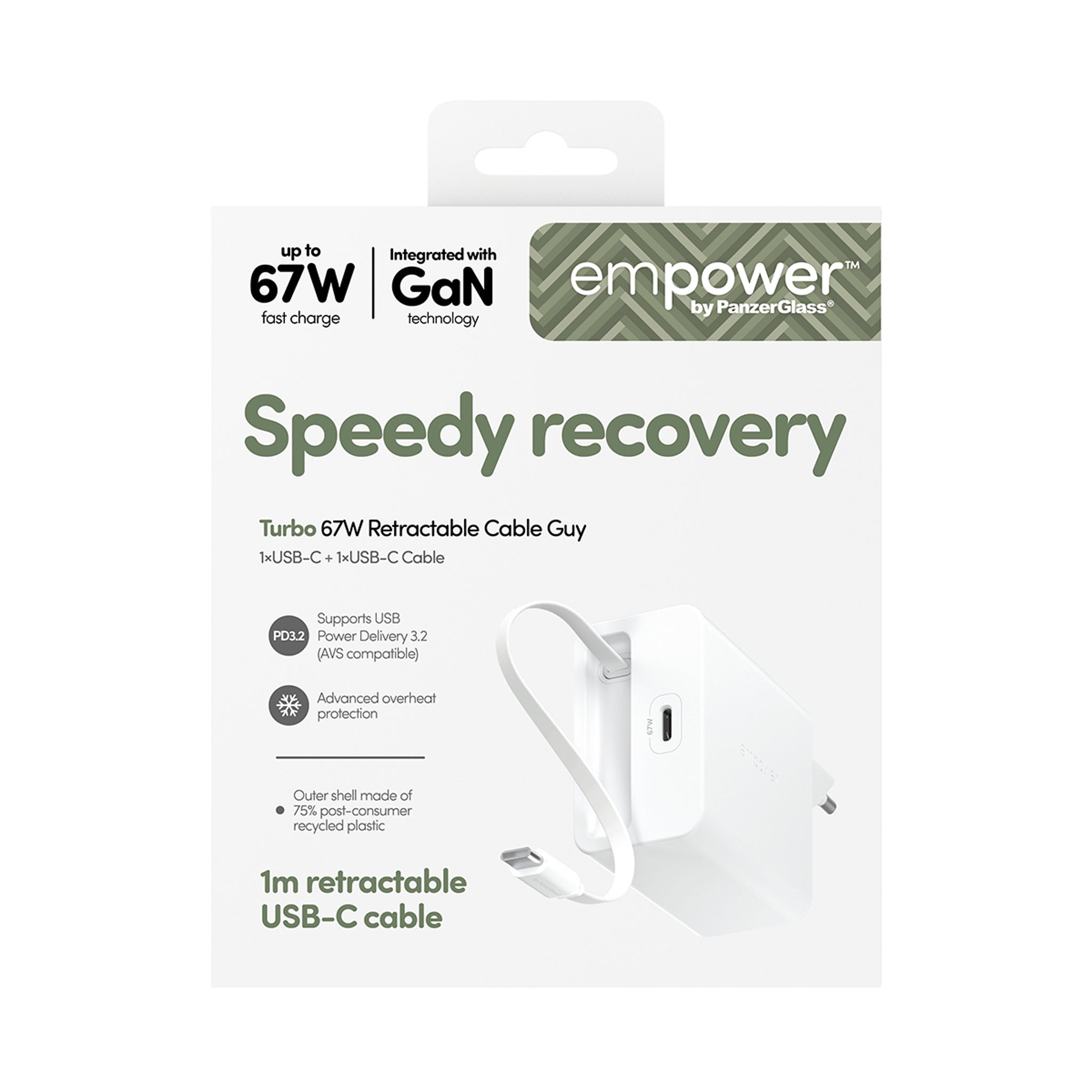 empower™ by PanzerGlass® Turbo 67W Retractable Cable Guy Charger incl. USB-C Cable | EU Plug | Silver White
