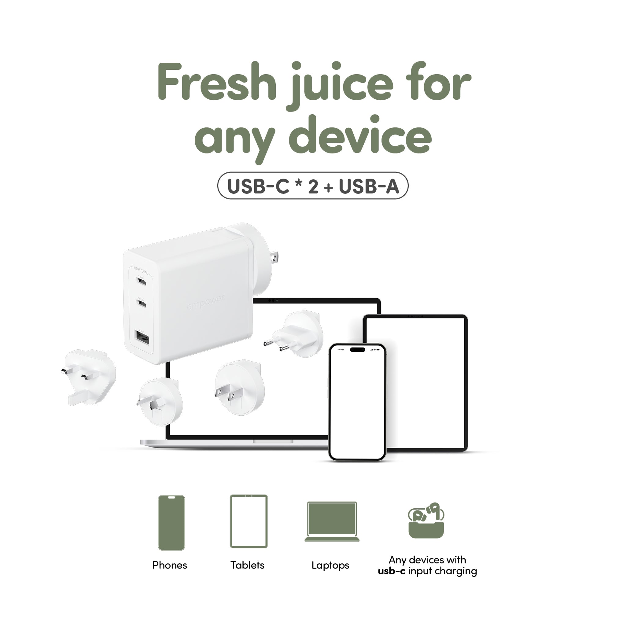 empower™ by PanzerGlass® Turbo 100W World Travel Adaptor incl. 2 x USB-C + USB-A | Silver White