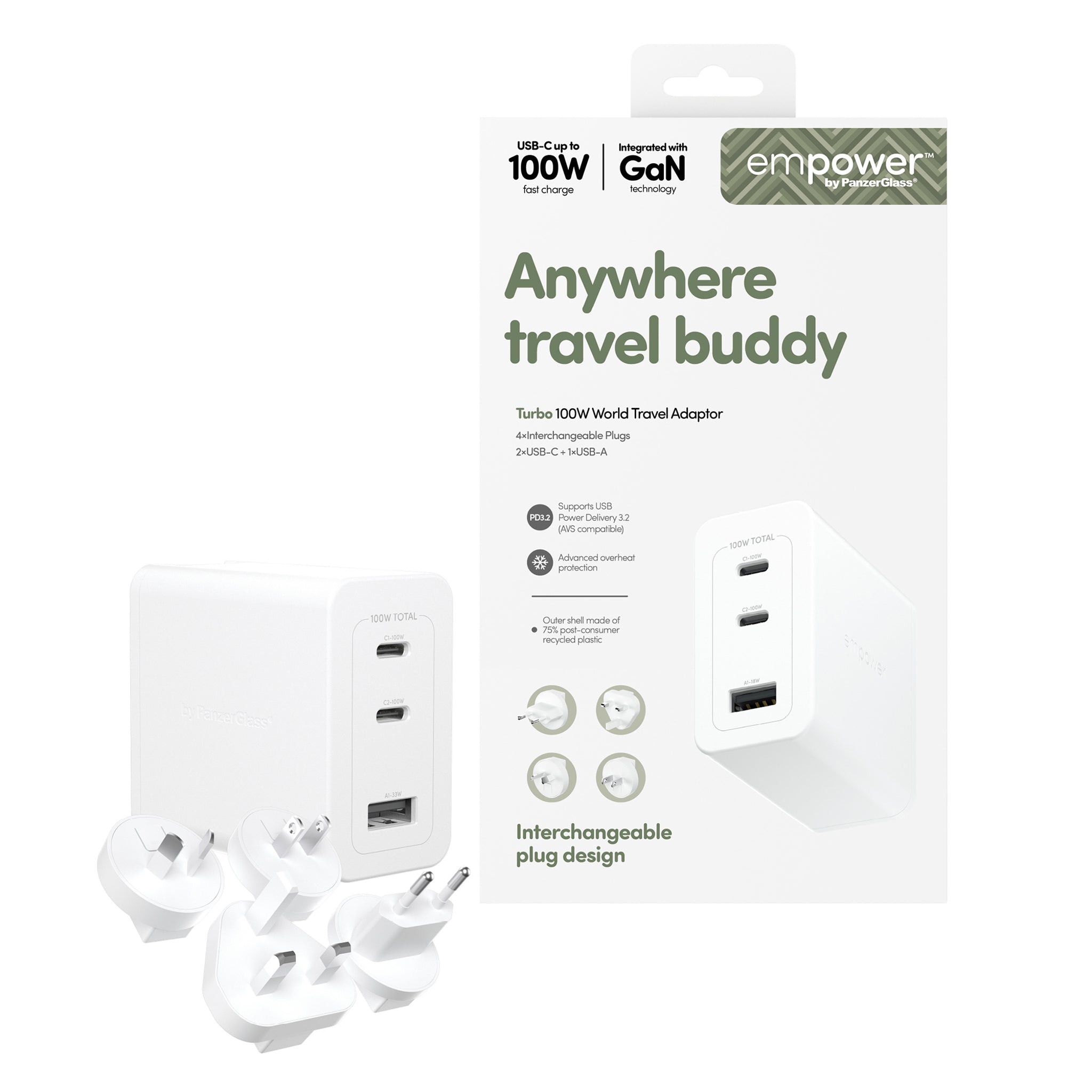 empower™ by PanzerGlass® Turbo 100W World Travel Adaptor incl. 2 x USB-C + USB-A | Silver White