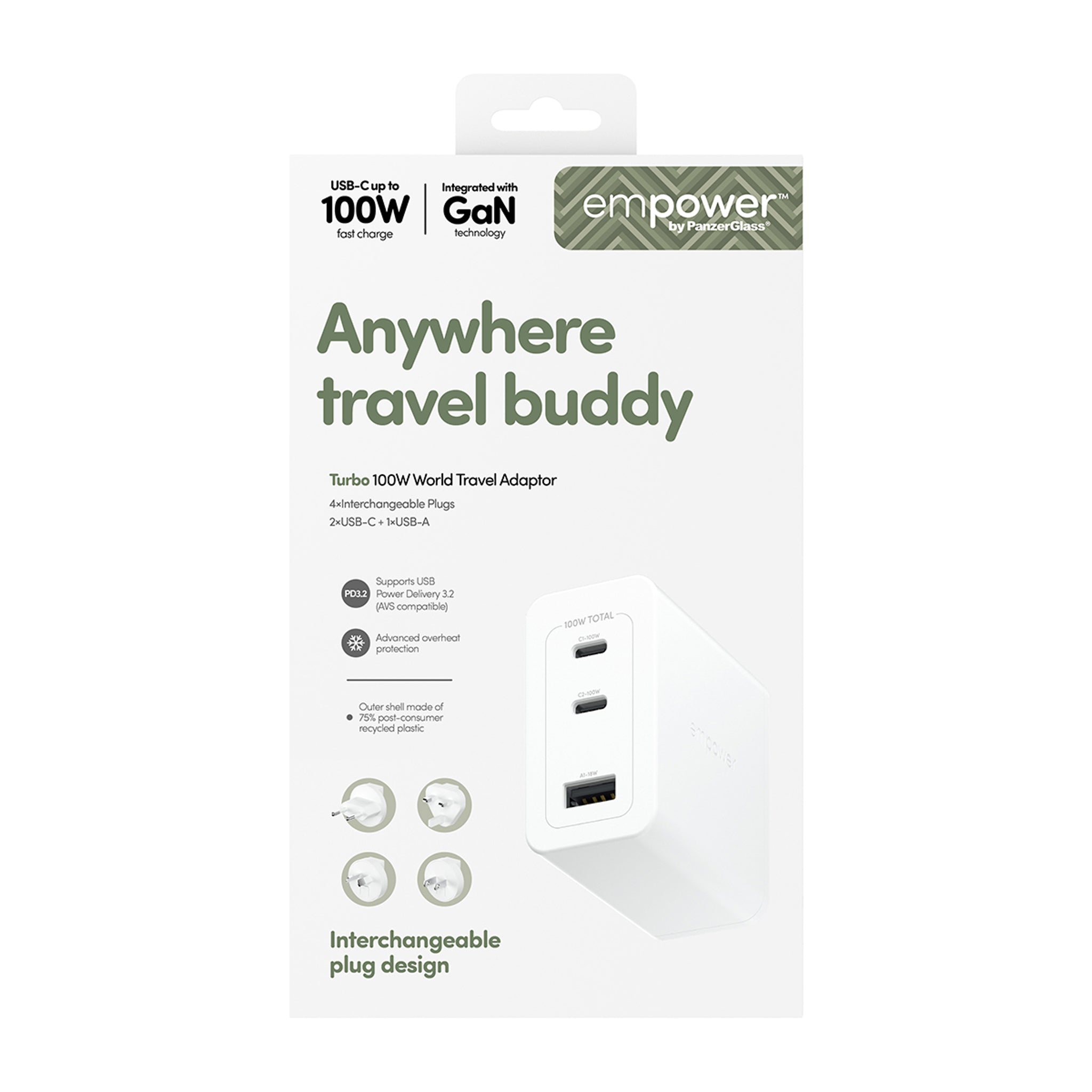 empower™ by PanzerGlass® Turbo 100W World Travel Adaptor incl. 2 x USB-C + USB-A | Silver White