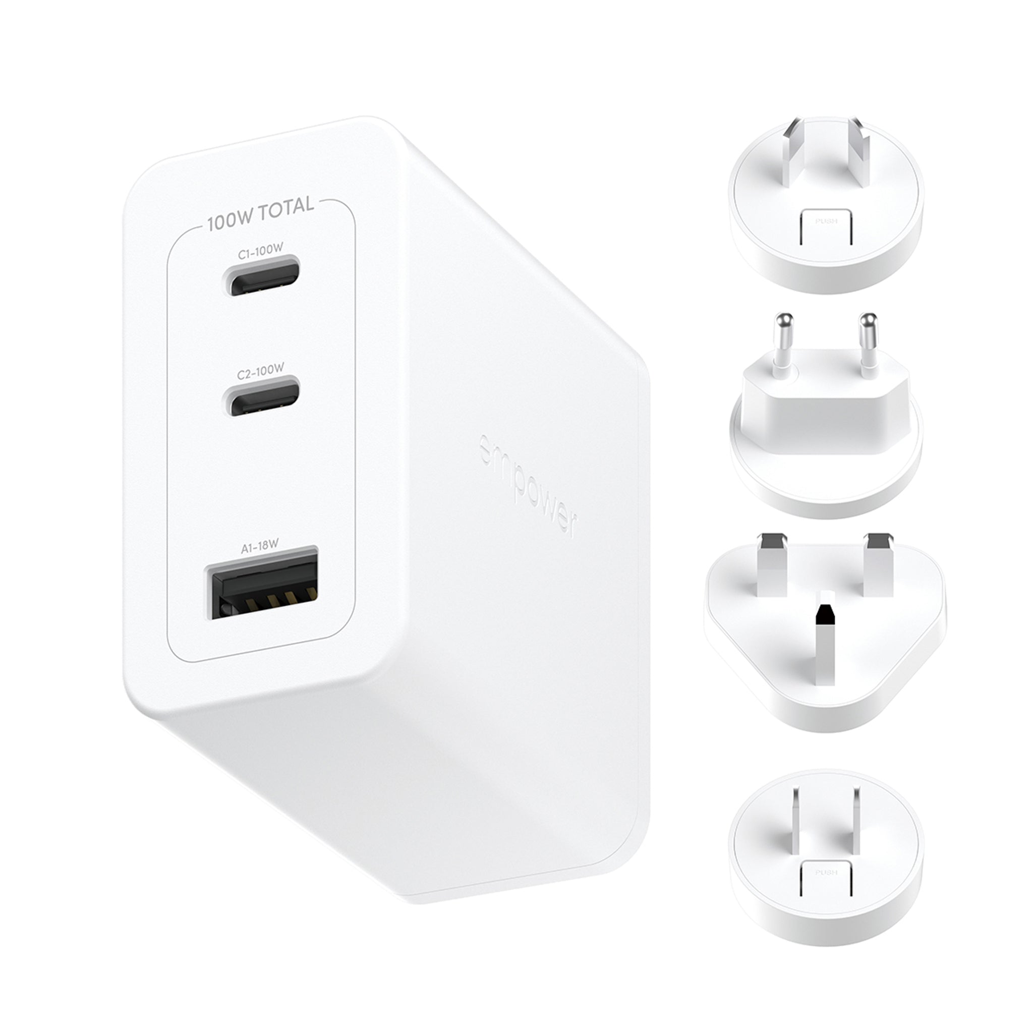 empower™ by PanzerGlass® Turbo 100W World Travel Adaptor incl. 2 x USB-C + USB-A | Silver White