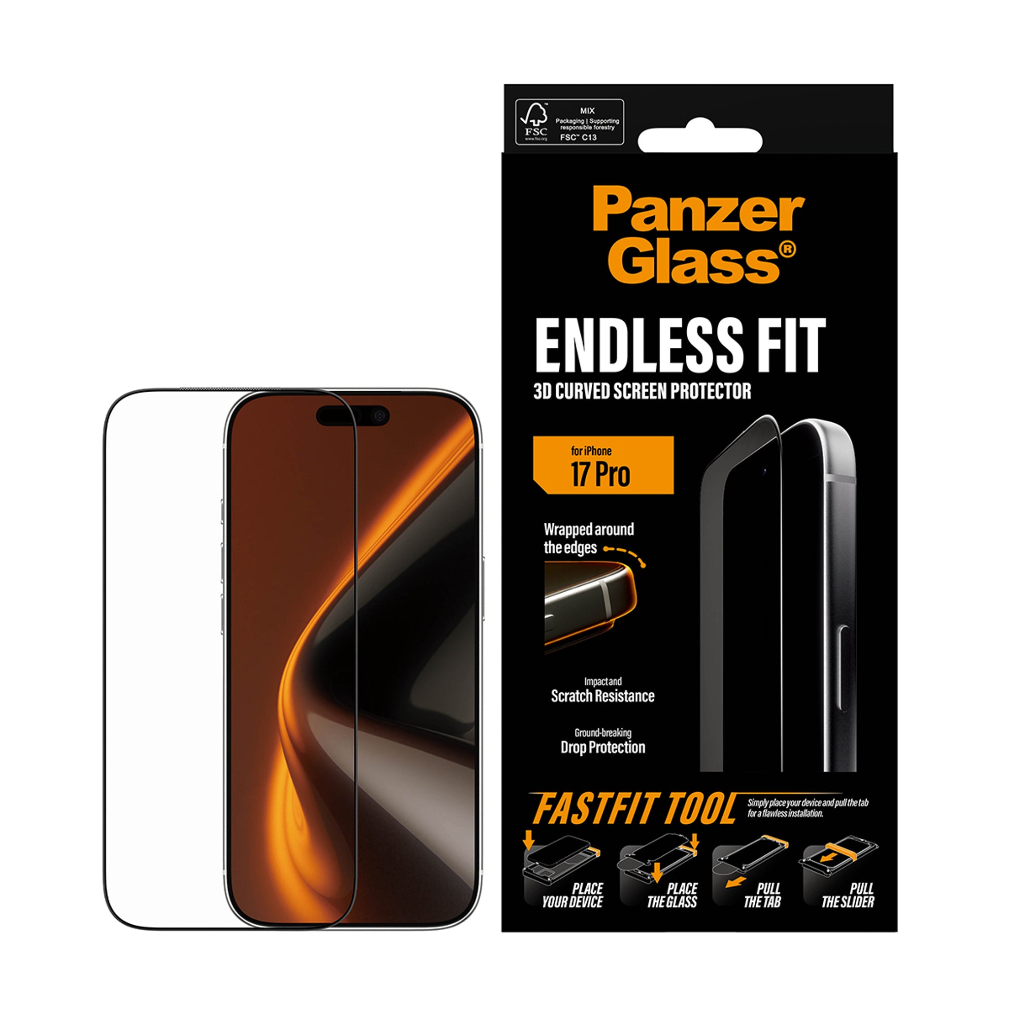 PanzerGlass® Endless Fit 3D Curve Screen Protector iPhone 18 Pro | 17 Pro w. FastFit Tool